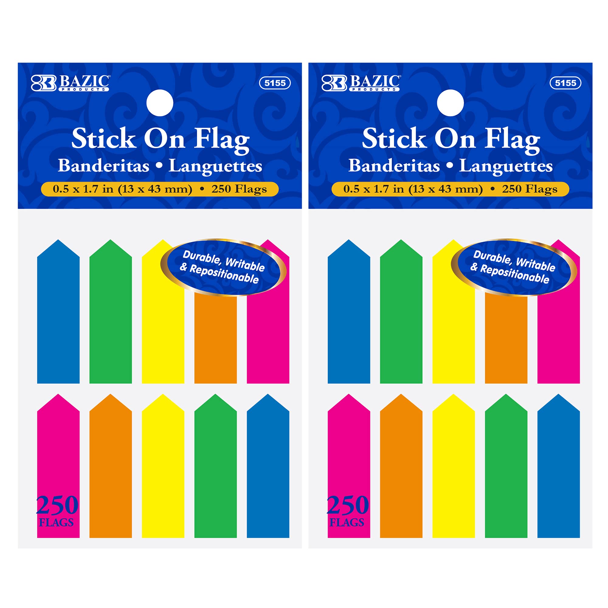 BAZIC Neon Page Markers 0.5x1.7 Inch, 250 Flags per Pack (2-Pack) - Bright Colored PET Arrow Flag Index Tabs, Sticky Notes for Books, Files & Documents - Perfect for Office, School & Home Organization
