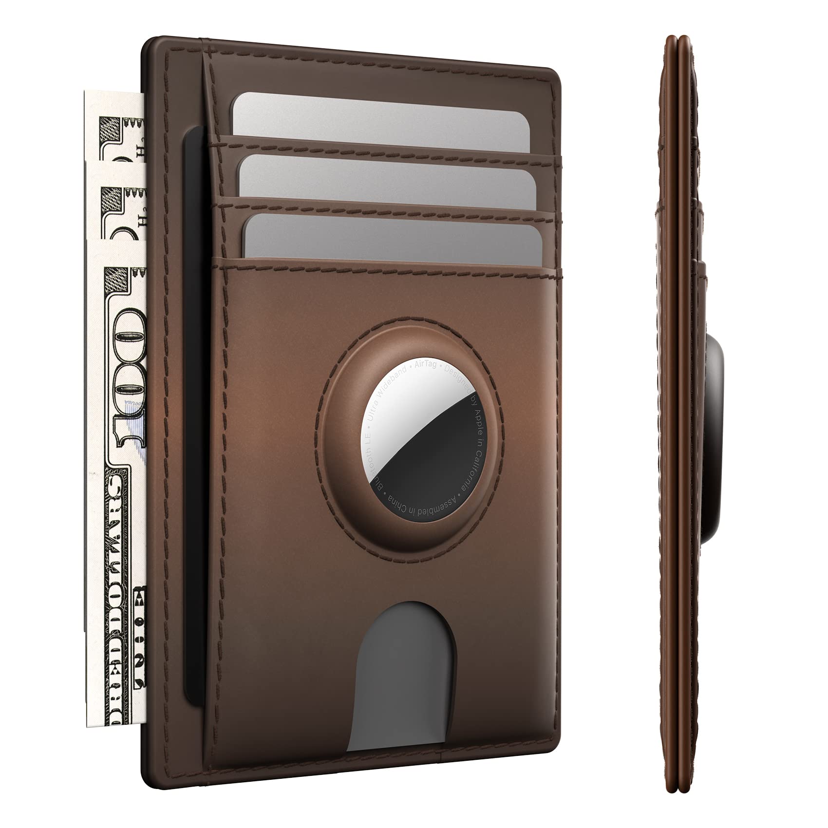 Slim Minimalist Front Pocket Wallet for Men - Premium Crazy Horse Leather with AirTag Holder, RFID Blocking Credit Card & Cash Wallet (Brown) | Perfect for Travel, Everyday Carry & Secure Contactless Payments