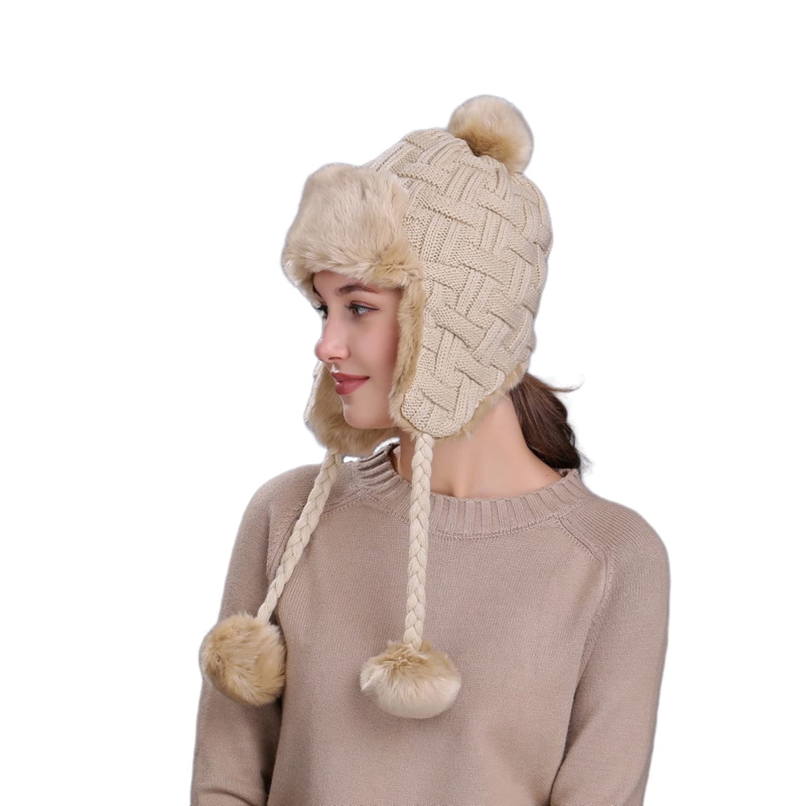 Women's Pom Drawstring Trapper Hat - Kawaii Cable Knit Faux Fur Aviator Beanie with Fleece Lining & Warm Earmuffs - Cozy Winter Skull Cap Gift for Cold Weather, Outdoor Activities & Fashion