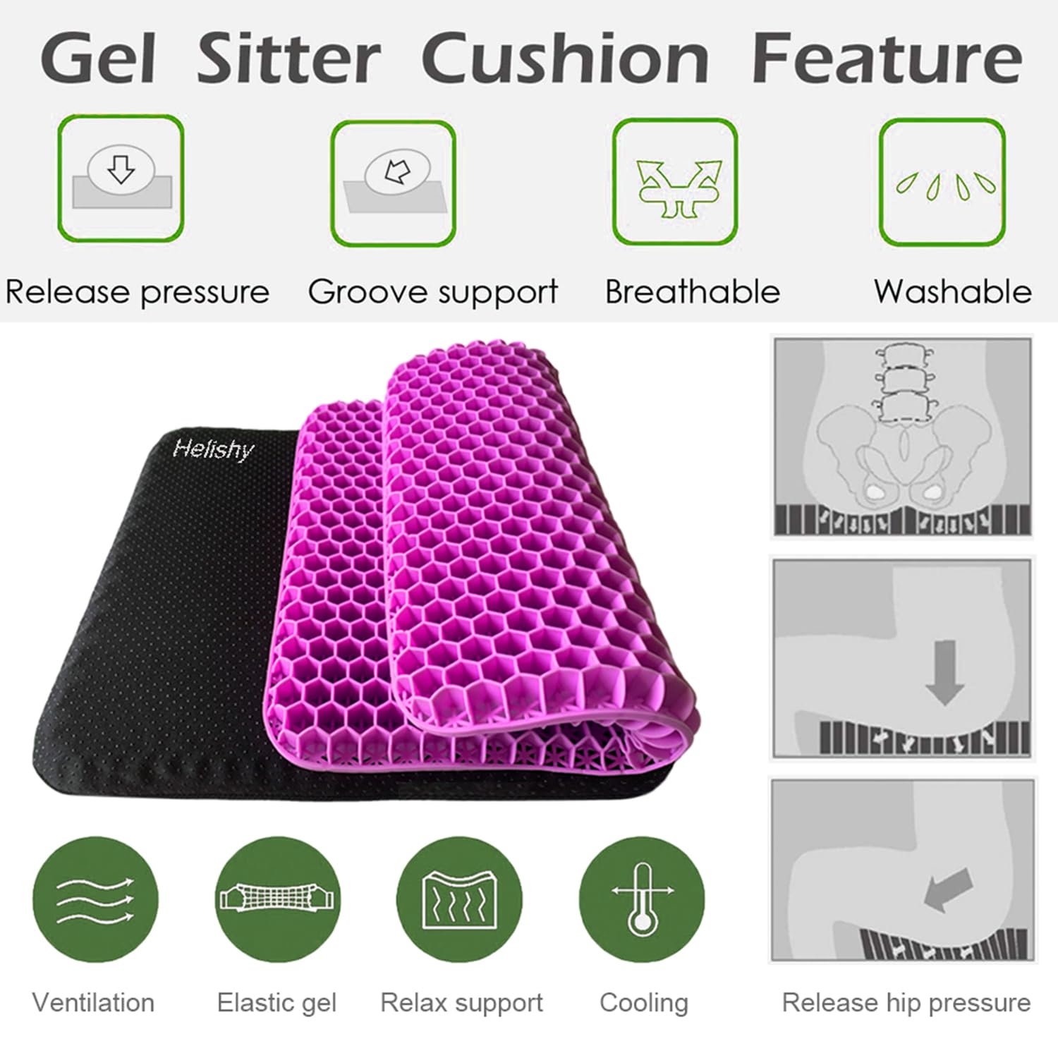 Premium Gel Seat Cushion for Tailbone & Sciatica Pain Relief - Non-Slip Memory Foam Chair Pad with Breathable Cover for Office, Home, Car & Wheelchair - Ergonomic Support for Back Pain (Standard, Violet) - Perfect for Long Sitting Sessions at Work, Driving or Post-Surgery Recovery