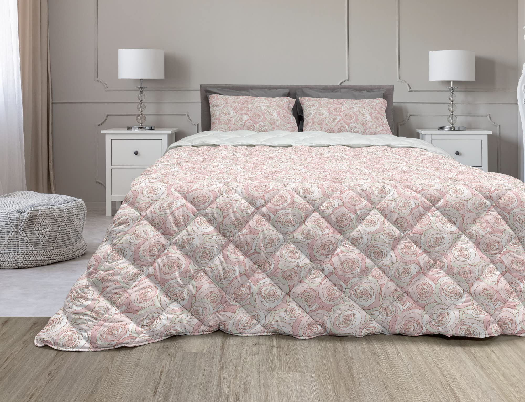Ambesonne Floral Comforter Set - Soft Modern Rose Pattern Microfiber Duvet Cover & Sham, Twin Size, Coconut Rose Blush Color for Bedroom Decor, Cozy Home Comfort & Guest Room Styling