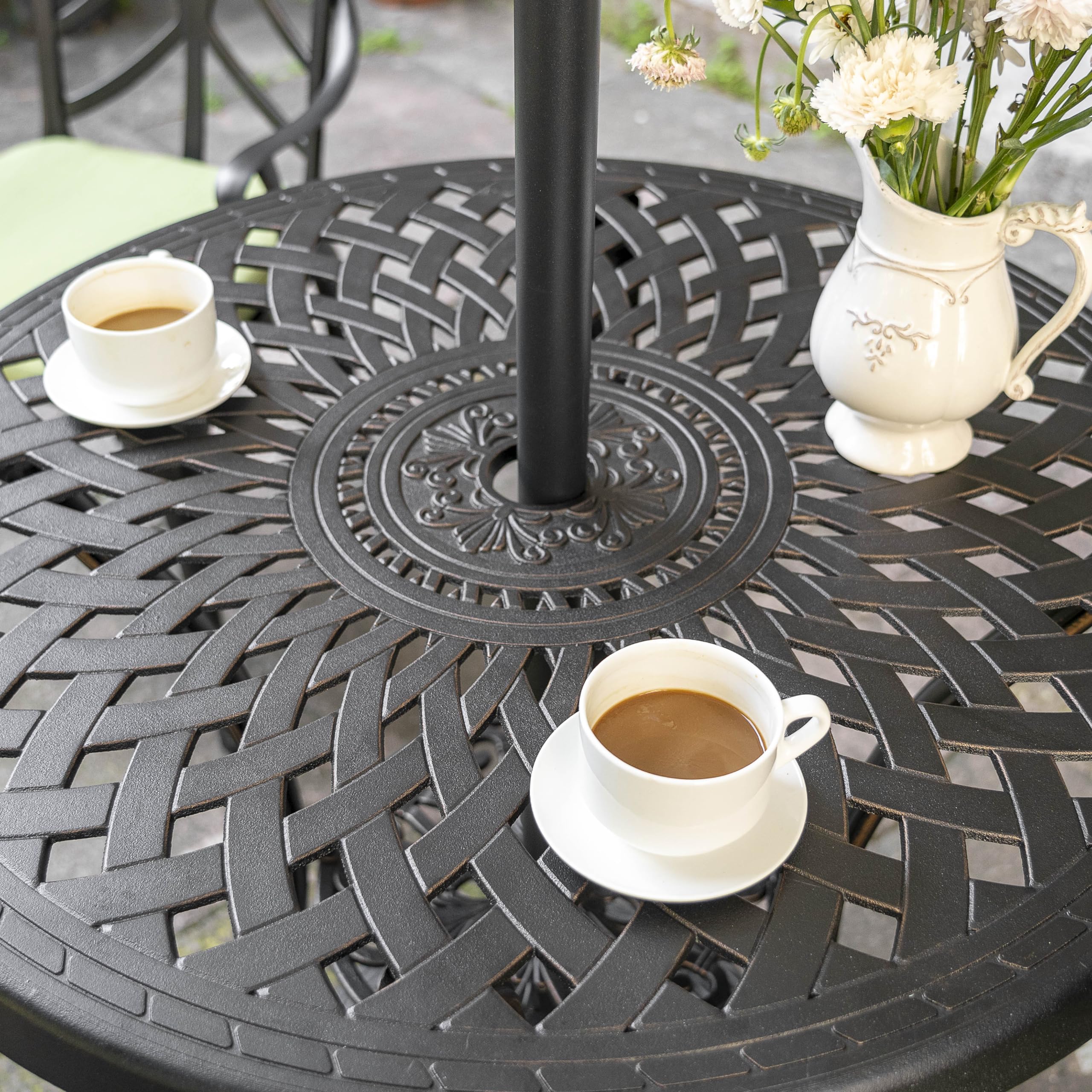 NUU GARDEN 31 Inch Round Outdoor Dining Table - Cast Aluminum Patio Table with Umbrella Hole - Weather-Resistant Bistro Table for Backyard, Garden, Deck, Porch - Black with Antique Bronze Trim - Perfect for Outdoor Entertaining & Dining Al Fresco