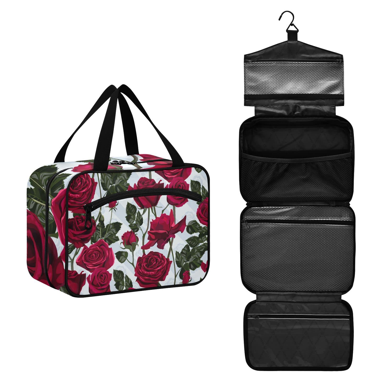 Red Rose Travel Toiletry Bag for Women - Large Hanging Cosmetic Organizer with Hook | Perfect for Makeup Storage, Bathroom Organization & Vacation Essentials
