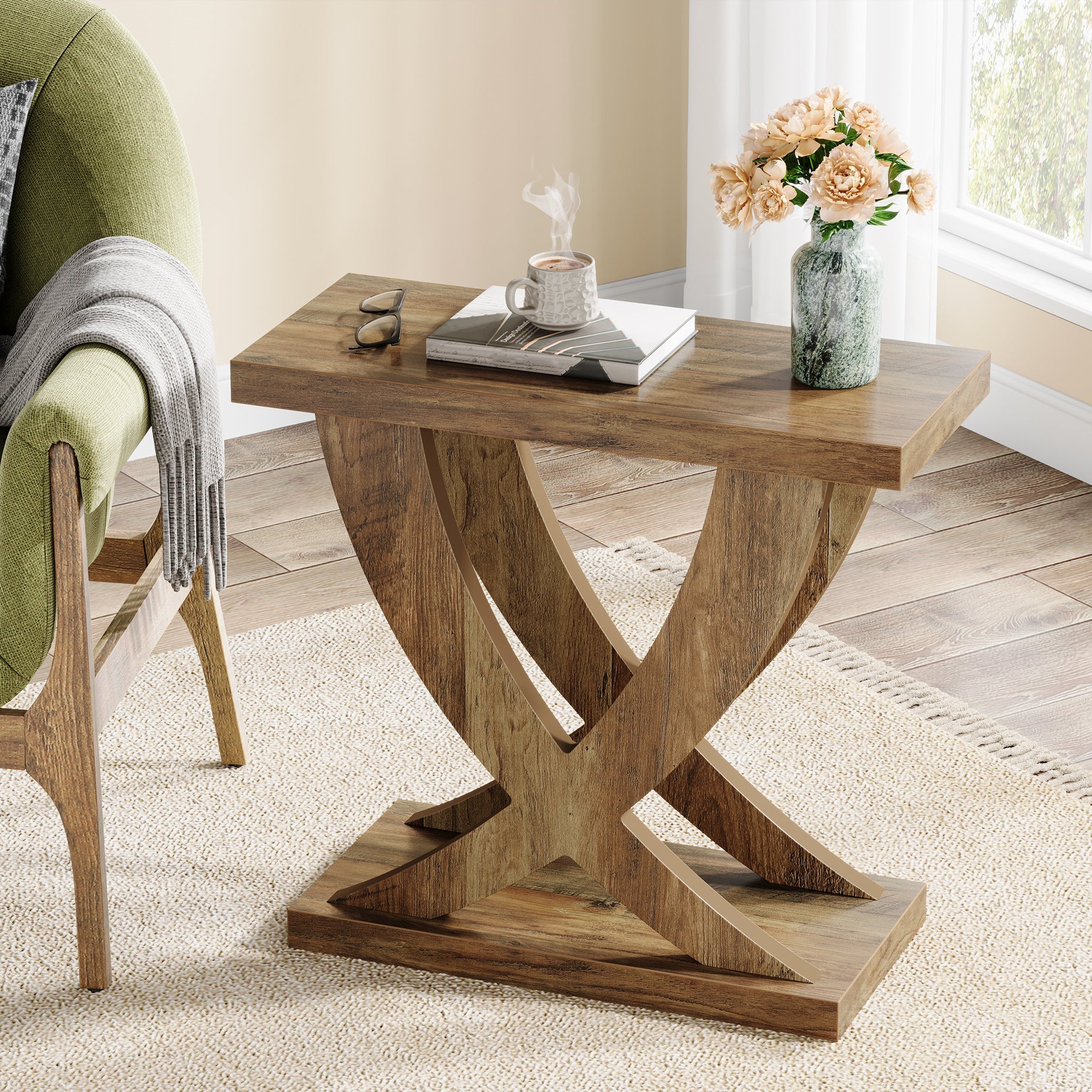 Rustic Wooden End Table with Cross Fishtail Support - Farmhouse Style Nightstand or Side Table for Bedroom, Living Room & Office Decor