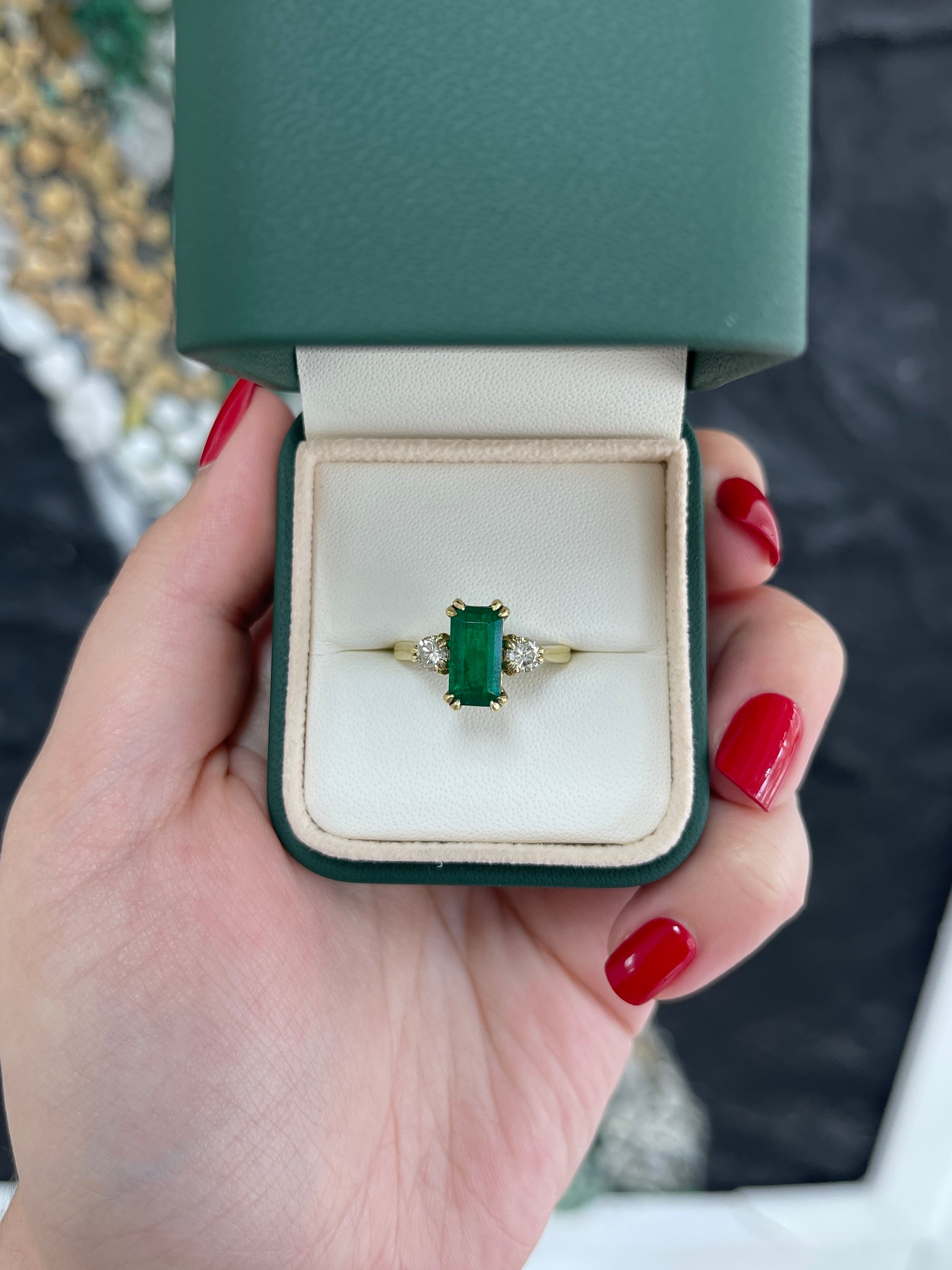2.78tcw 18K Gold Natural Emerald Cut & Brilliant Round Diamond Three Stone Ring - Deep Dark Alpine Green Gemstone Jewelry for Engagement, Wedding & Anniversary Gifts