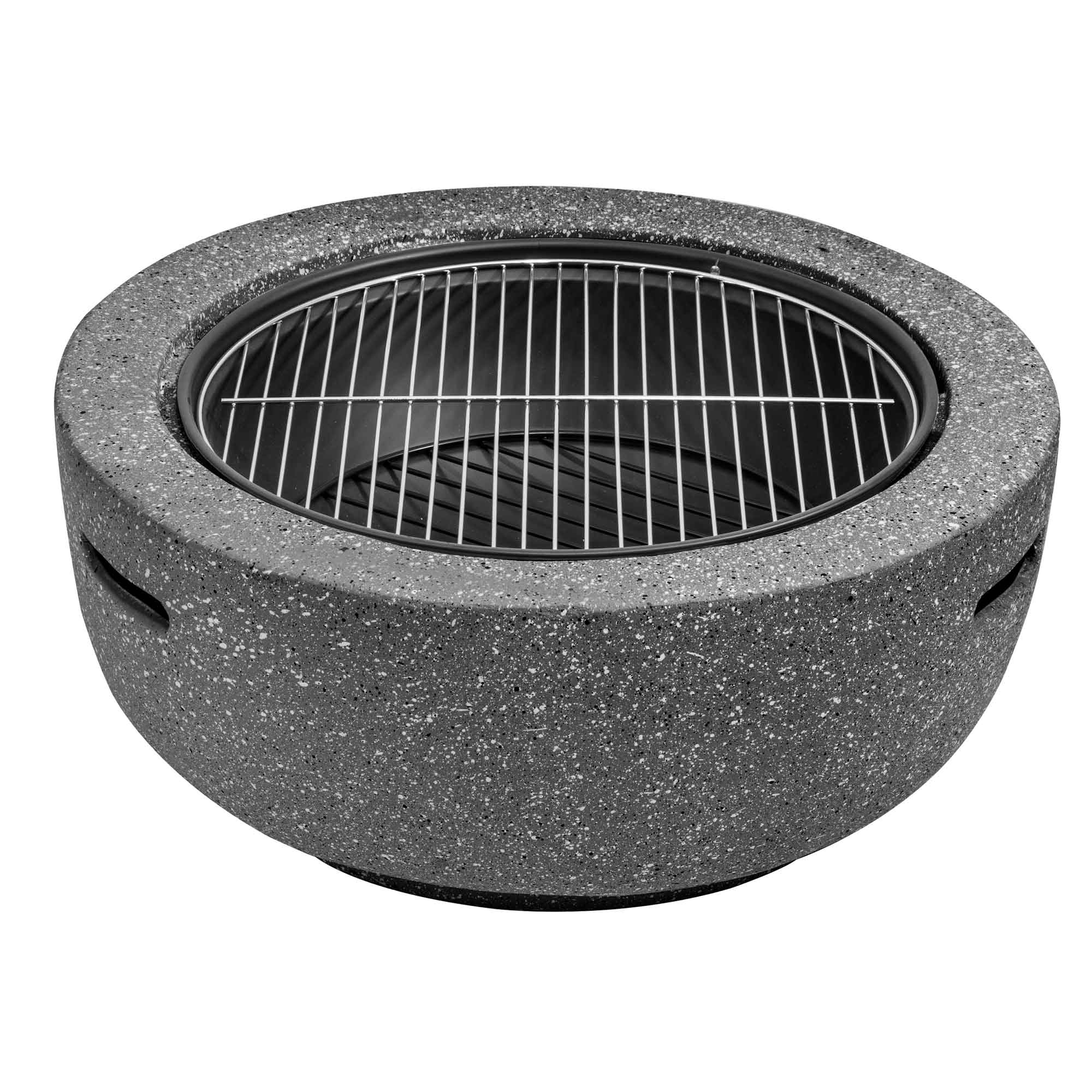 Dark Grey Round MgO Fire Pit with BBQ Grill - 60cm Diameter, Safety Mesh Screen - Perfect for Backyard Camping, Patio Gatherings & Outdoor Cooking