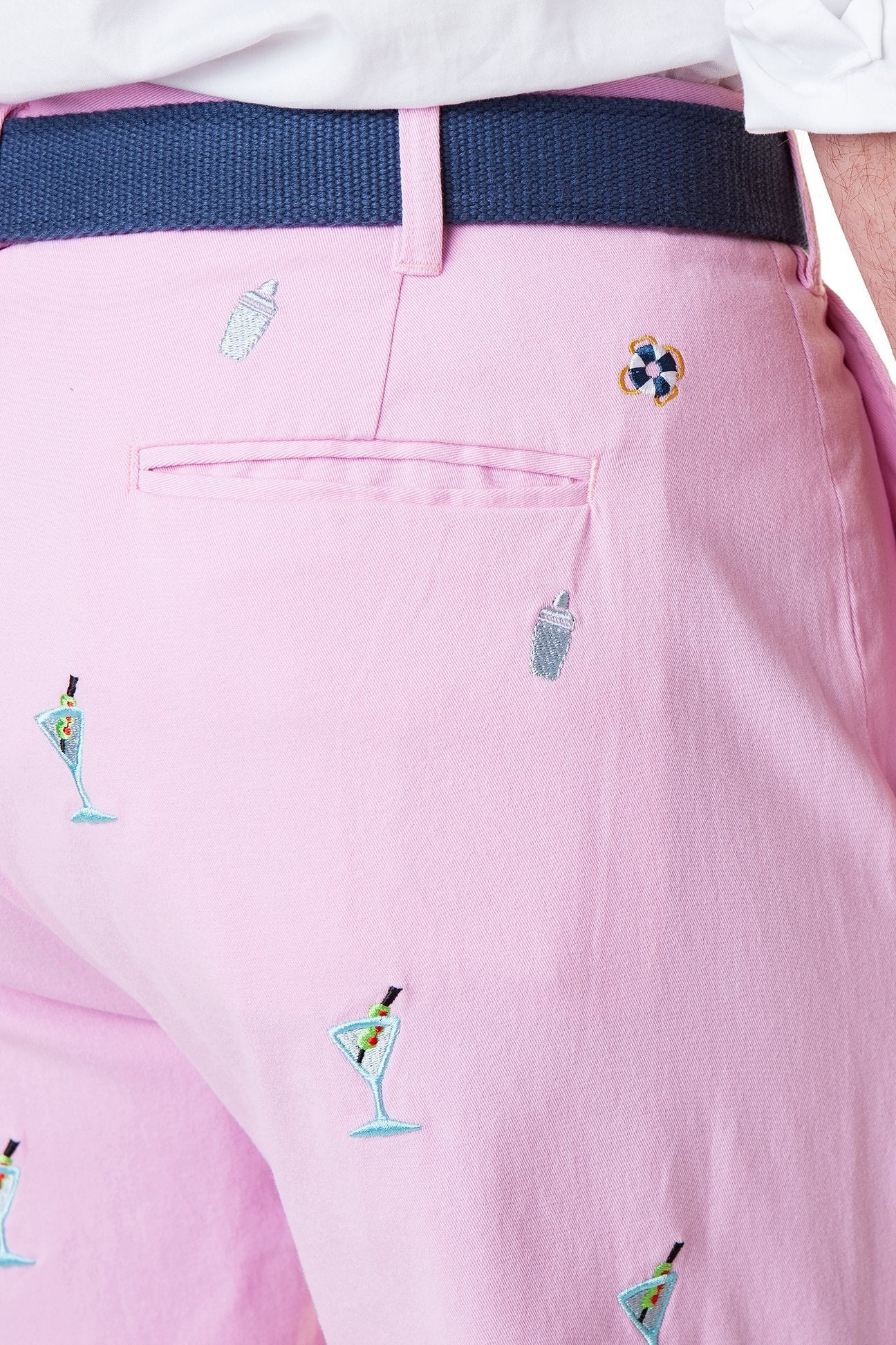 Stretch Twill Harbor Pant in Pink with Martini & Shaker Print - Comfortable Women's Casual Pants for Work, Cocktail Parties & Everyday Wear