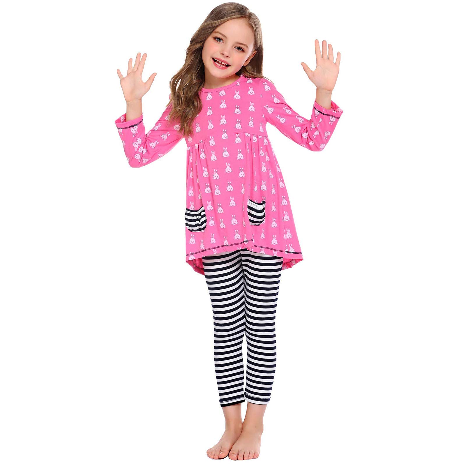 Easter Bunny Outfits for Little Girls - Cute Printed Long Sleeve Top & Striped Leggings 2-Piece Set | Spring Holiday, Easter Sunday, Family Photo Outfits