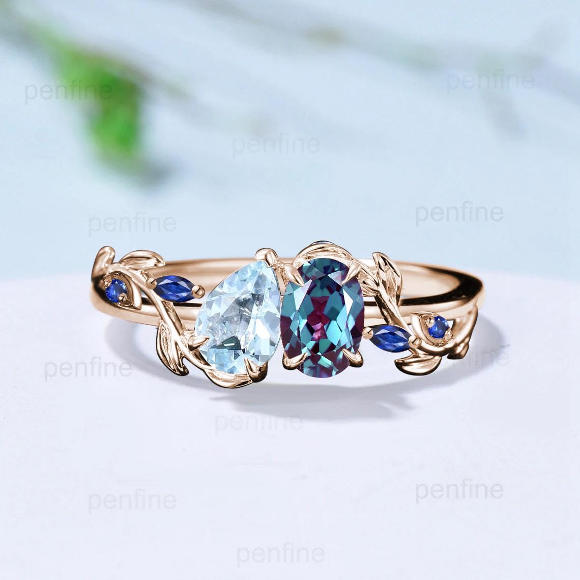 Alexandrite Engagement Ring for Women - Nature Inspired Twig Vine Pear Shaped Aquamarine & Sapphire Cluster Wedding Ring | Perfect for Proposals, Anniversaries, and Special Occasions