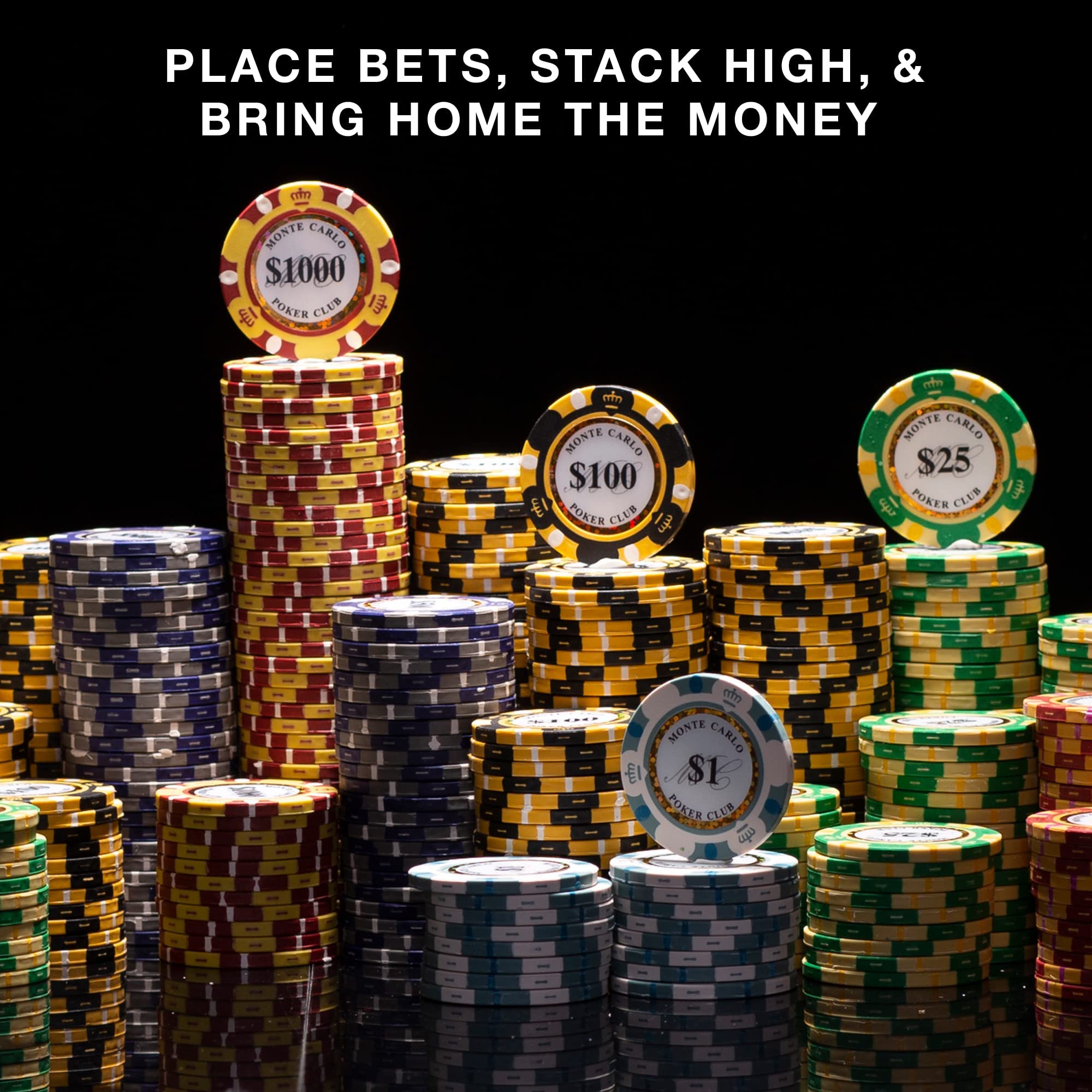Brybelly 14 Gram 1000 Count Poker Chips Set - Monte Carlo Style 14G Clay Composite Casino Chips with Aluminum Case, Playing Cards & Dealer Button - Perfect for Texas Hold'em, Blackjack, Home Poker Nights & Casino Party Games | Durable Poker Accessories for Game Nights & Professional Play