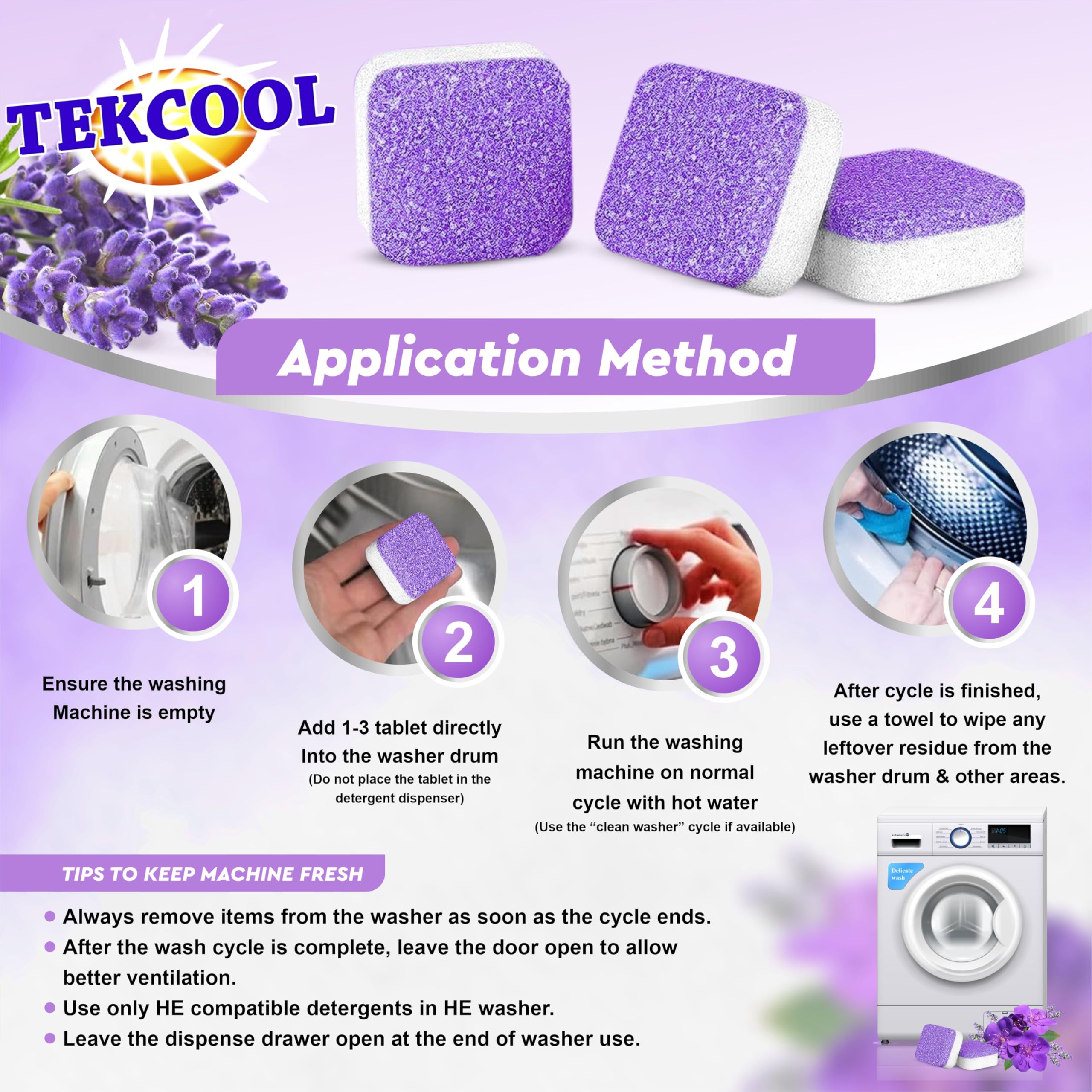TEKCOOL Washing Machine Cleaner Tablets - 24 Pack Lavi Lavender Scented Descaling Powder for Deep Cleaning Front & Top Load Washers | Removes Odor, Mold & Residue | Ideal for Laundry Day, Home Cleaning & Appliance Maintenance