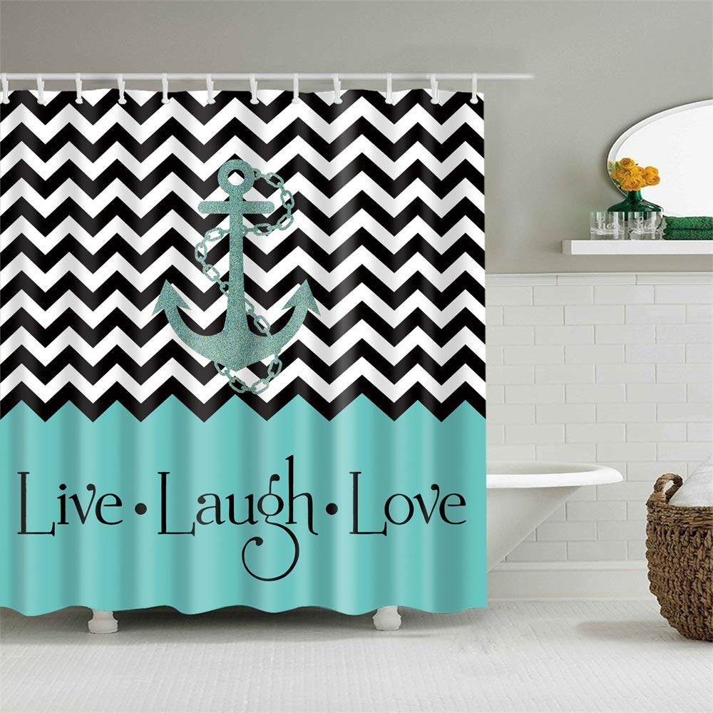 Nautical Anchor Chevron Shower Curtain Set - 60x72 Inches Polyester Bathroom Decor with Hooks - Waterproof Bath Curtain for Coastal, Beach & Nautical Themed Bathrooms