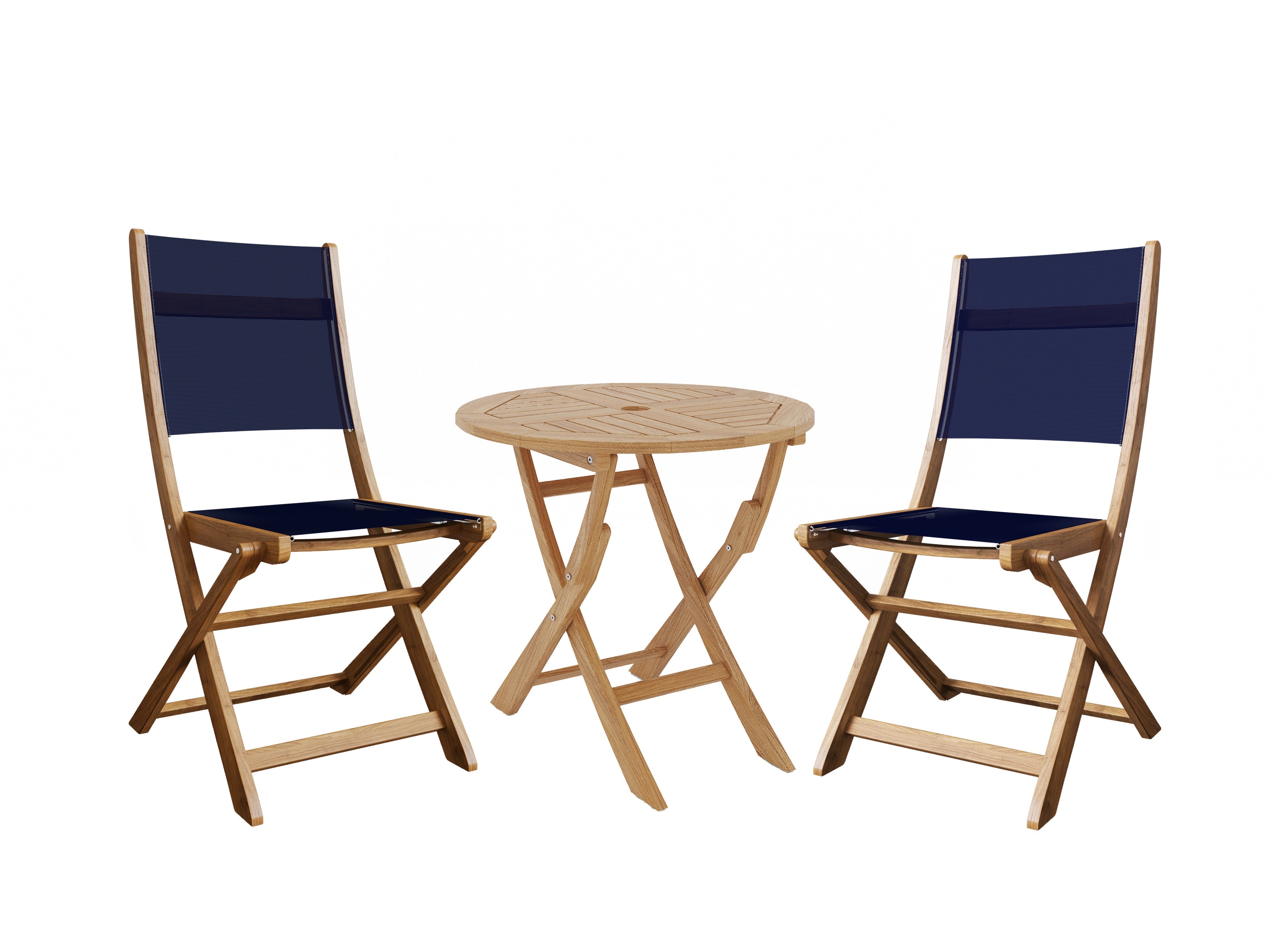 Premium 3-Piece Round Teak Outdoor Bistro Set - Folding Table & Chairs in Ocean Blue | Patio, Garden, Balcony Dining Furniture for Small Spaces