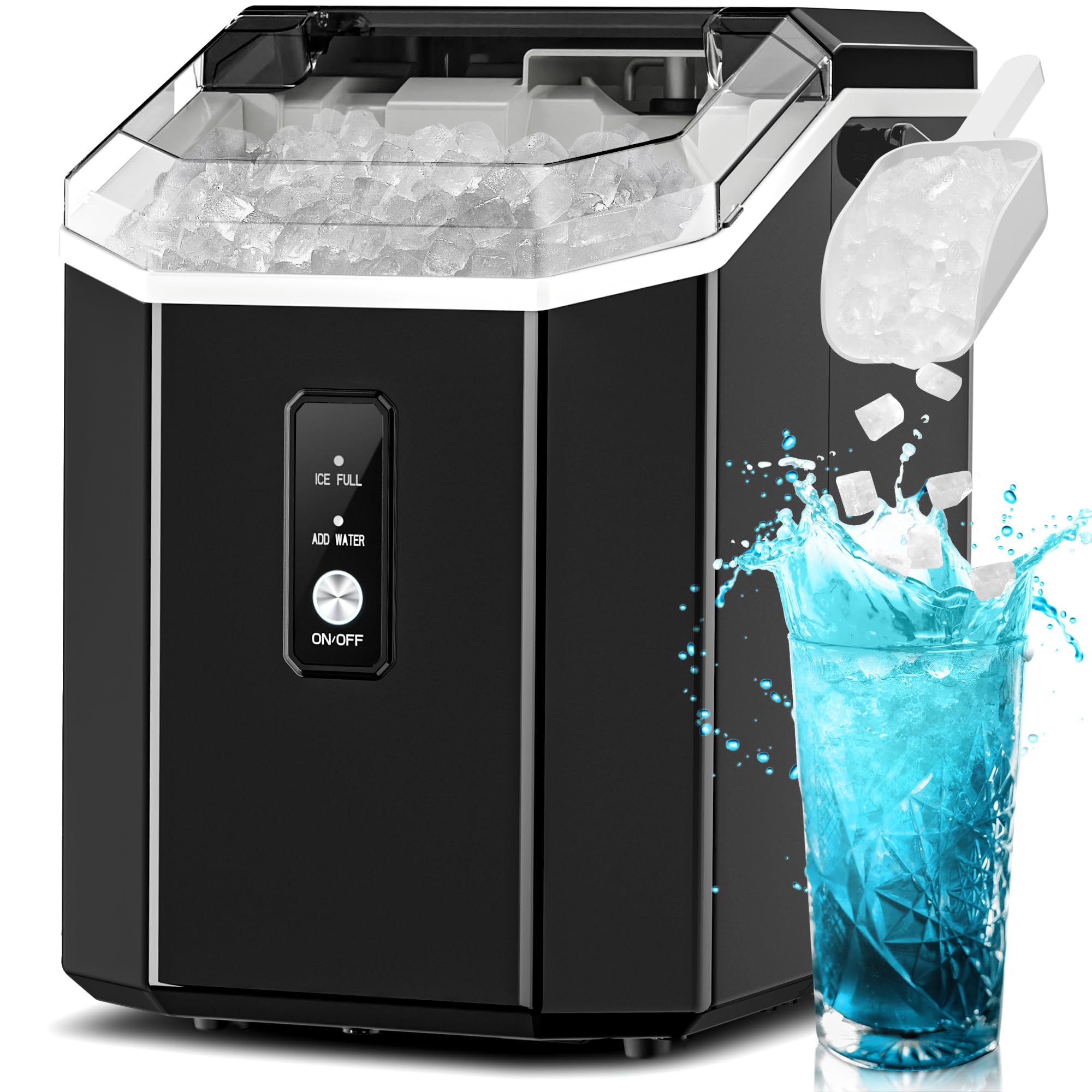 Portable Countertop Nugget Ice Maker - 34lbs/24H Pebble Ice Machine with Handle, One-Click Operation for Home, Office, Bar, or RV - Perfect for Cocktails, Sodas, and Party Drinks (Black)