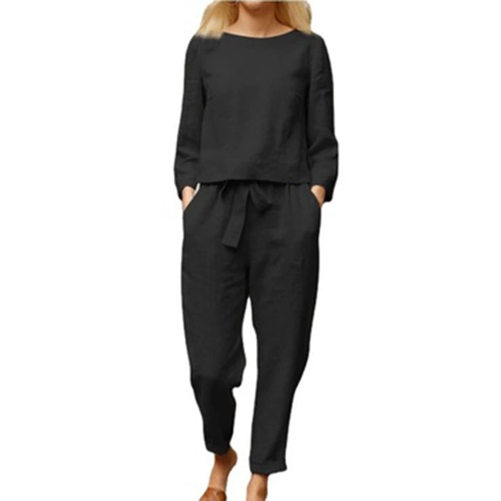 Women's 2PC Suit Set - Round Neck Solid Long Sleeve Blouse with Loose Pants, Family Christmas Pajamas Matching Outfits for Women | Perfect for Holiday Gatherings, Family Photos & Cozy Winter Nights