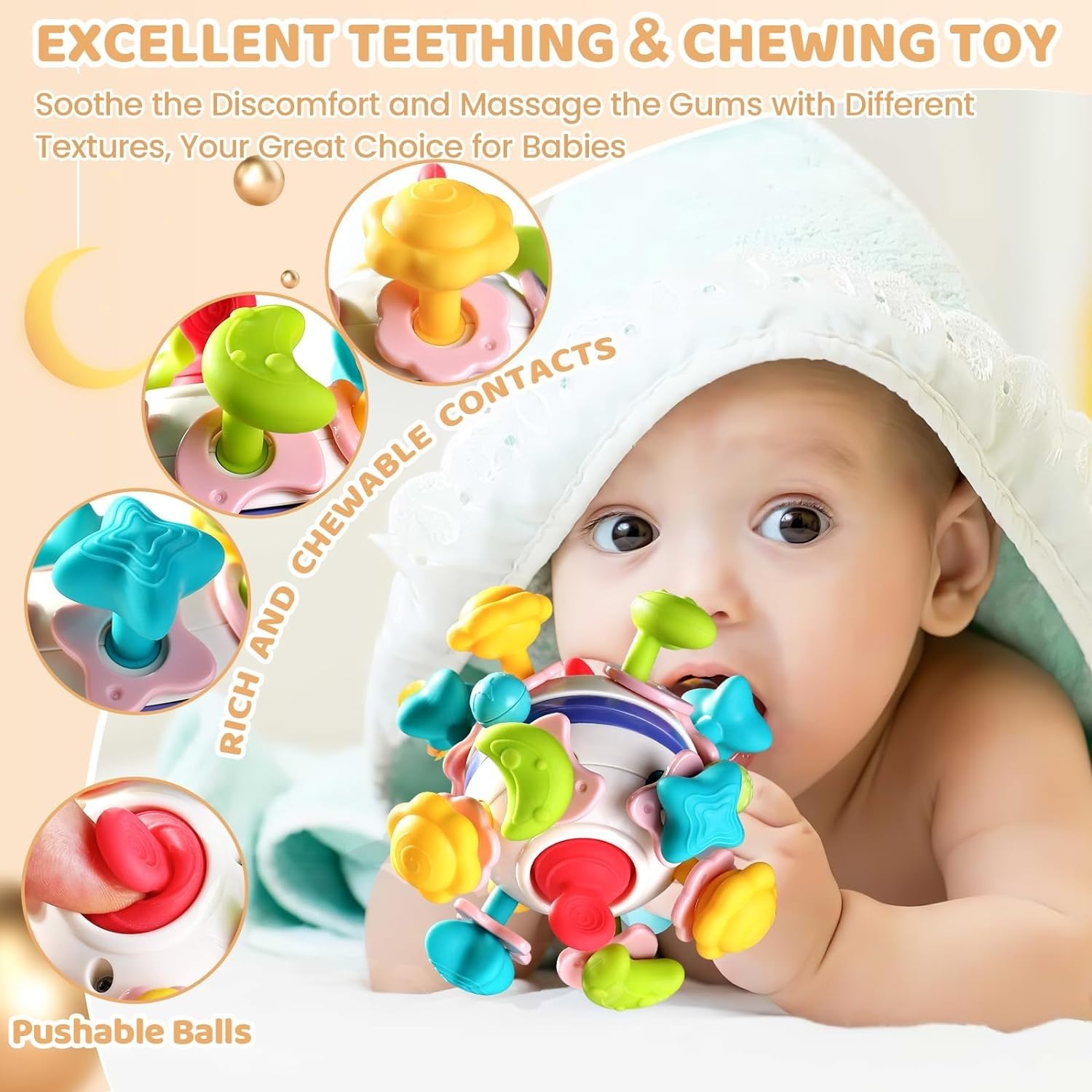 BLiSS HUES Silicone Space Teether Ball Toy for Babies 6+ Months - Safe Chewing, Sensory & Montessori Learning Developmental Toy - Perfect for Teething Relief, Early Education & Playtime