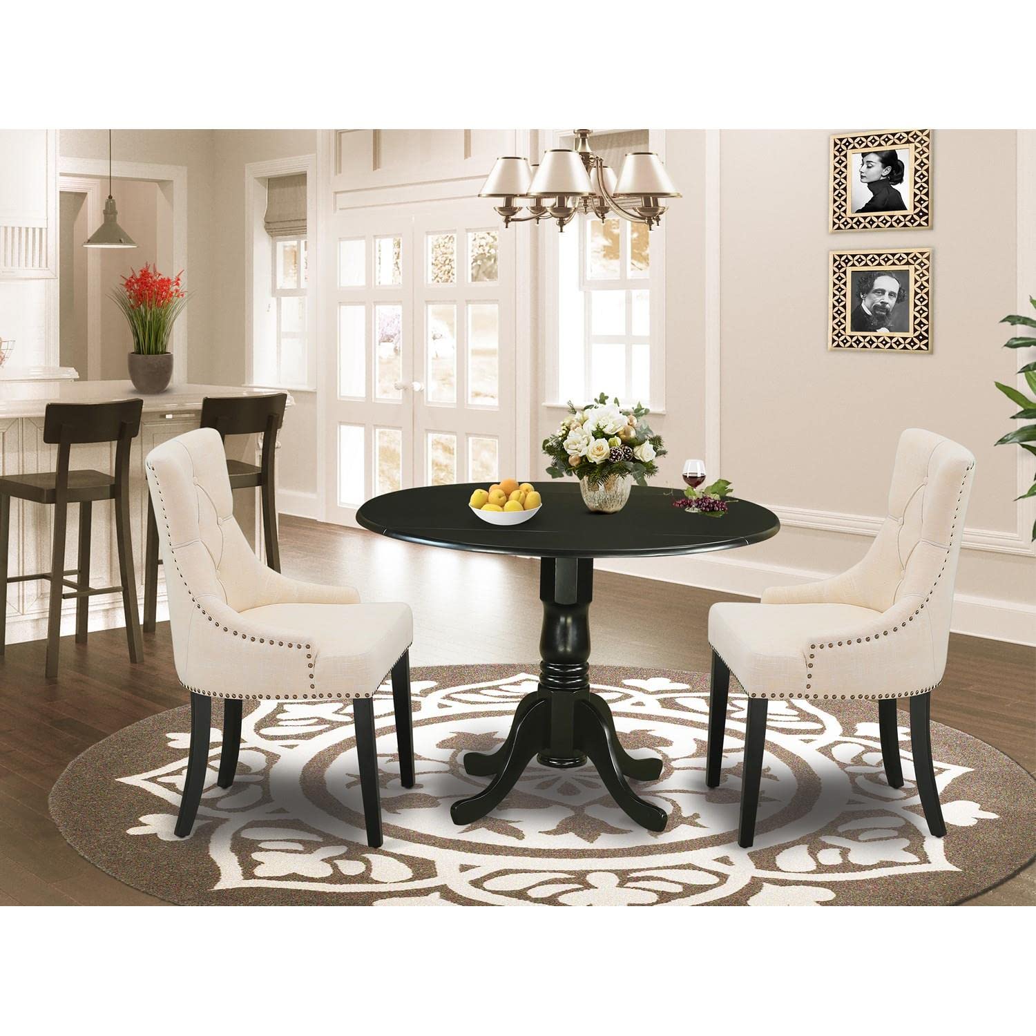 East West Furniture DLFR3-BLK-02 3-Piece Round Kitchen Table Set with Drop Leaf & 2 Light Beige Linen Chairs, 42x42 Inch, Black - Perfect for Small Dining Rooms, Breakfast Nooks & Compact Apartments