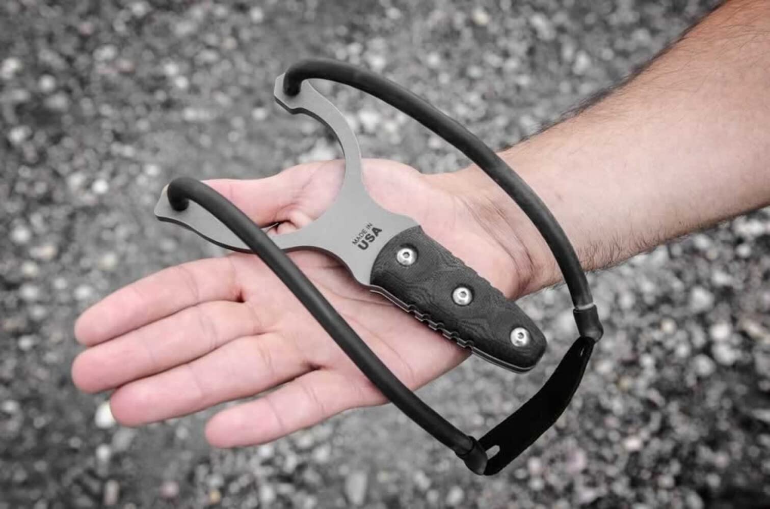 TOPS Knives Sling Shot Full Tang Fixed Blade Knife - Tumble Finish, Black Canvas Micarta Handle with Brown Leather Sheath & Belt Loop - Hunting, Camping, Survival Outdoor Tools
