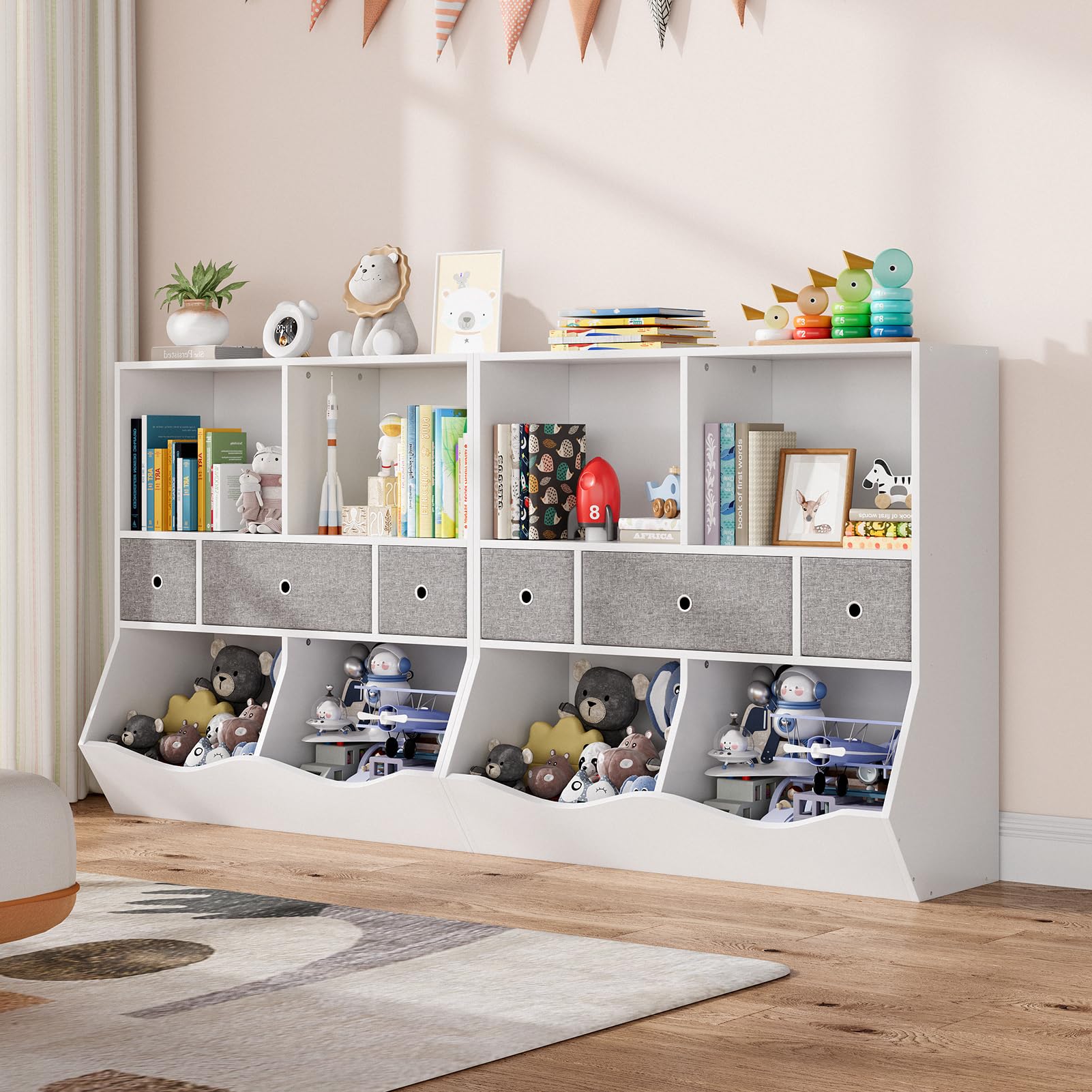 **White Kids Bookshelf & Bookcase with Toy Storage, Multi-Shelf Cubby Organizer, Cabinet & Drawers for Boys & Girls - Perfect for Children's Room, Playroom, Hallway & Bedroom**