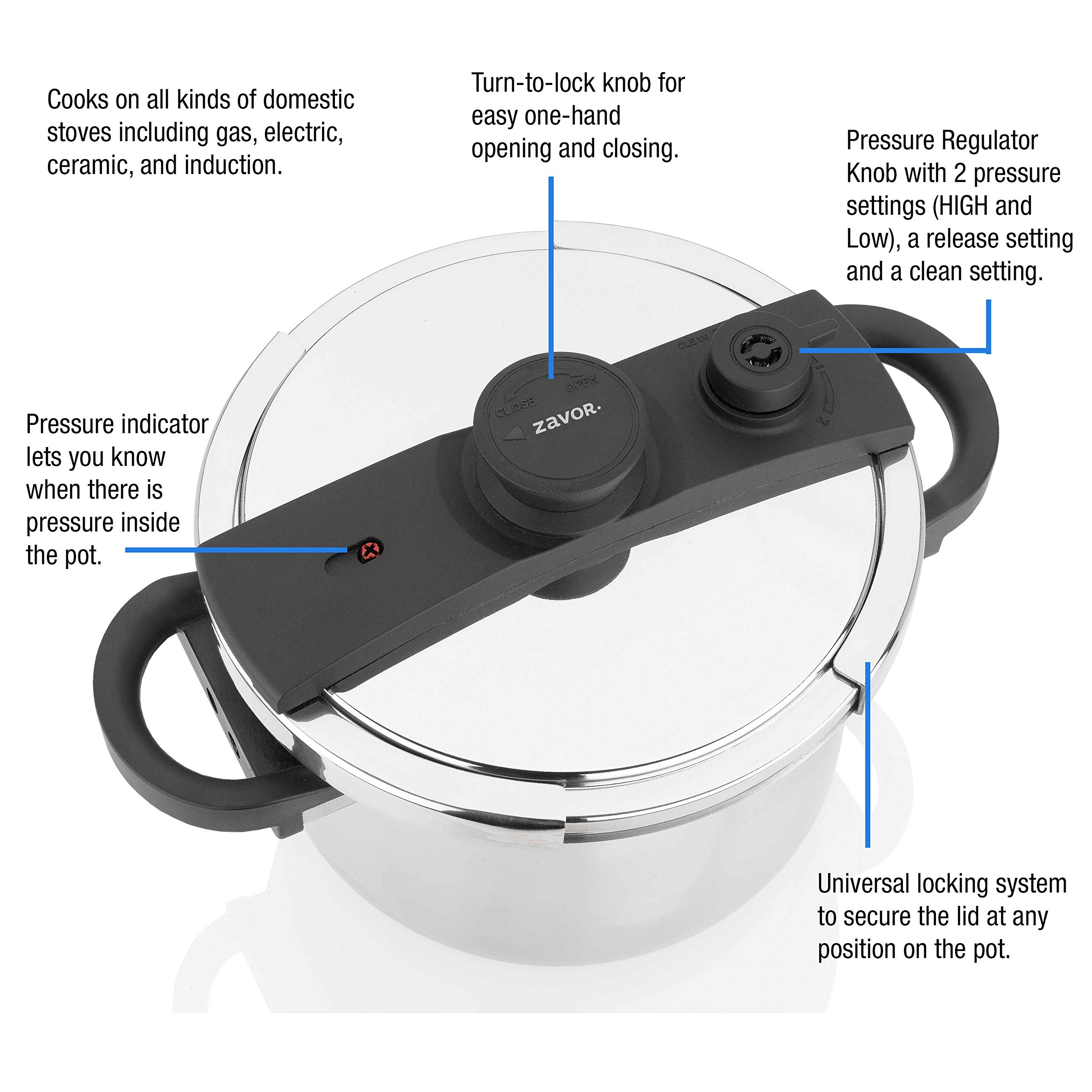 Zavor EZLock 12 Quart Stove Top Pressure Cooker - Stainless Steel, Multi-Pressure Levels, Easy Locking, Induction Compatible, Canning Ready (4 Jars) | Includes Digital Cookbook & Steamer Basket | Perfect for Home Canning, Meal Prep & Pressure Cooking