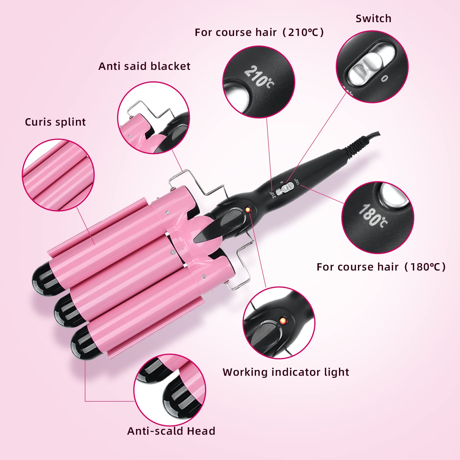 3 Barrel Curling Iron Wand - 32mm Hair Curler for Short & Long Hair, Waver Crimper Styling Tool with Ceramic Technology | Perfect for Beach Waves, Party & Wedding Hairstyles