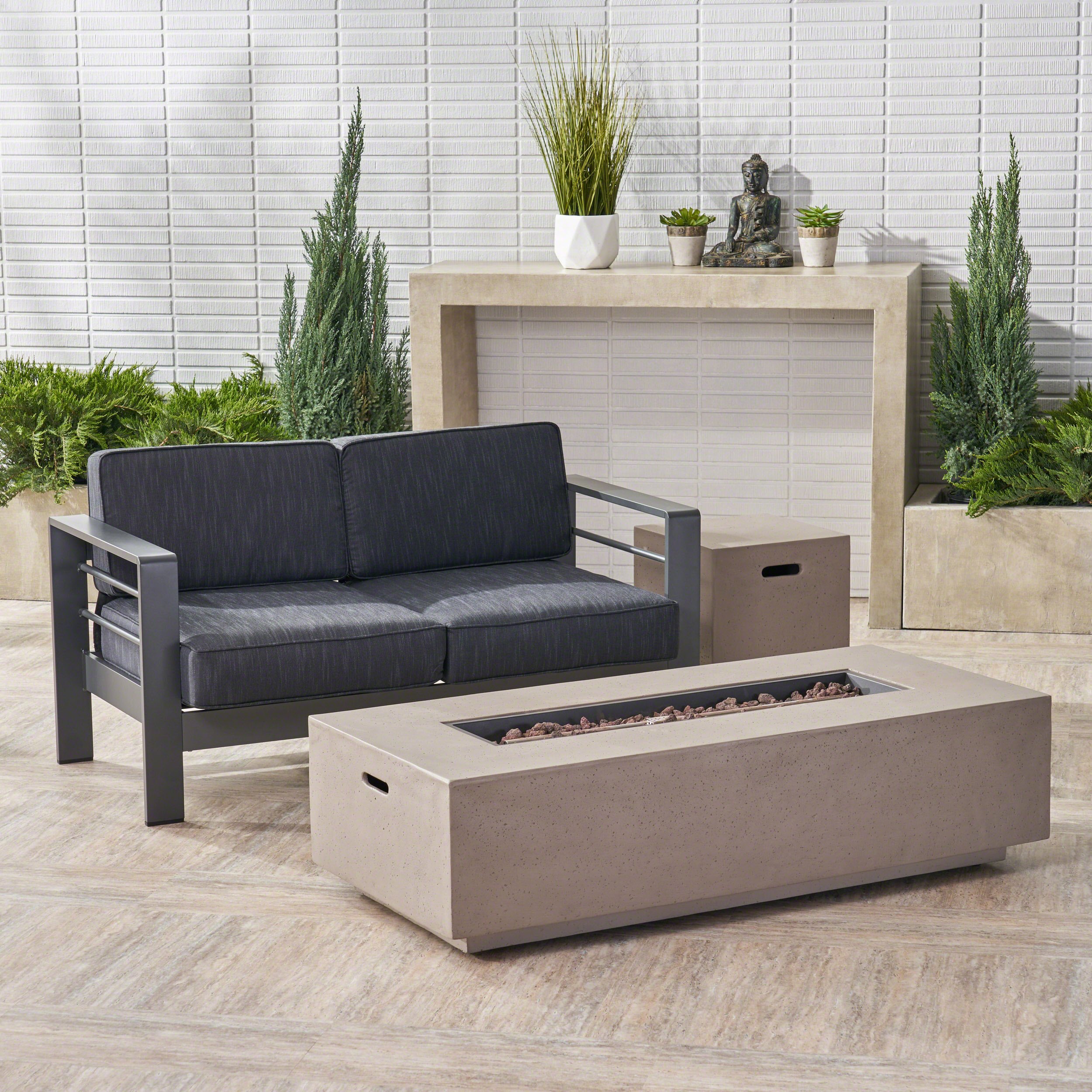 Outdoor Loveseat and Fire Pit Set with Dark Grey Cushions - Weather-Resistant Patio Furniture for Backyard, Garden & Poolside Relaxation