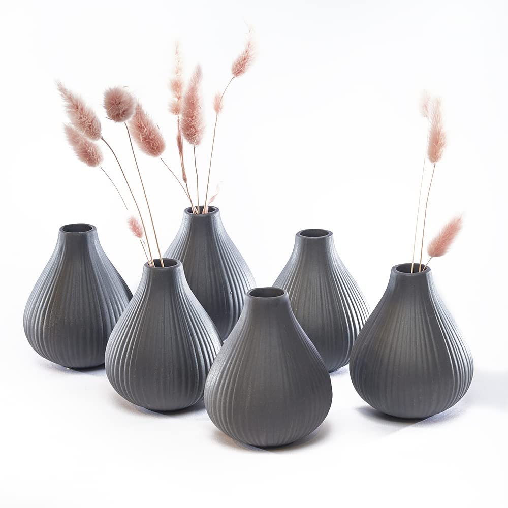 Frost Small Ceramic Vase Set of 6 - Elegant Black Charcoal Flower Vase for Home Decor - Perfect for Fresh Flowers, House Plants & Table Centerpieces