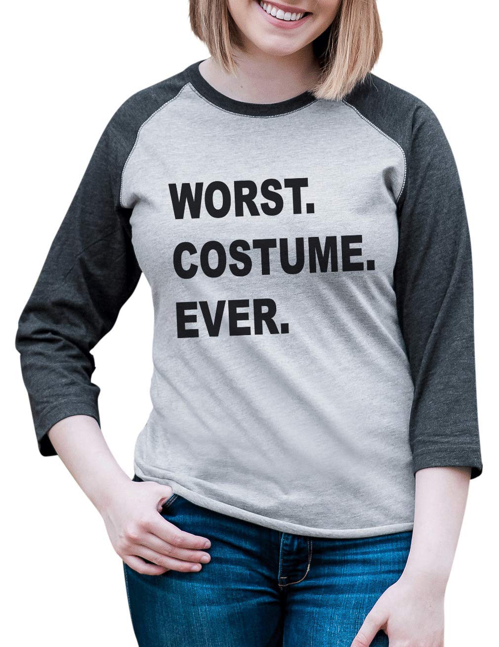 Custom Women's Worst Costume Ever Halloween Raglan Shirt | Funny Party Outfit for Halloween, Costume Parties & Themed Events