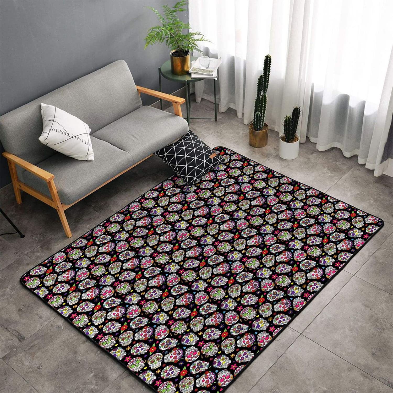 Colorful Sugar Skulls Floral Area Rug - 71