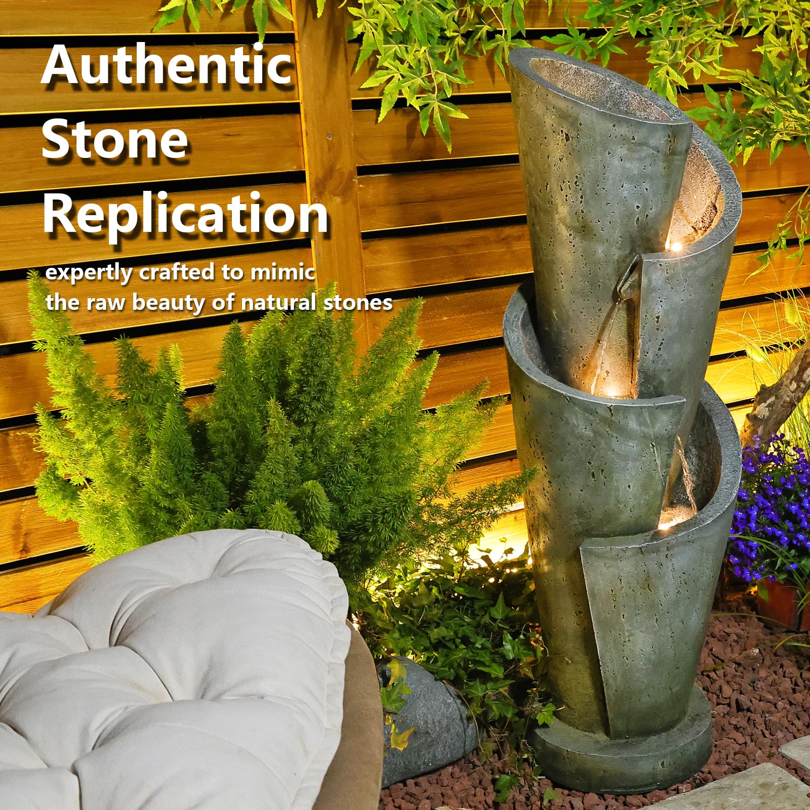 Outdoor Garden Water Fountain with LED Lights - 39 Inch Circular Elegance Waterfalls Floor Standing Fountain with Pump for Patio, Yard, Living Room | Perfect for Relaxation & Home Decor