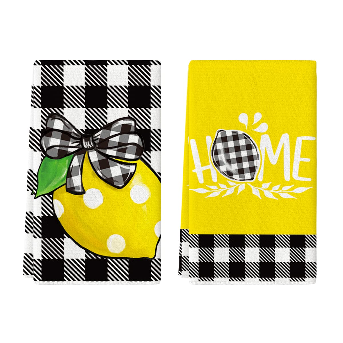 Artoid Mode Buffalo Plaid Bow Tie Lemon Print Kitchen Towels Set of 2 - 18x26 Inch Absorbent Dish Cloths for Summer & Spring Home Decor - Perfect for Farmhouse, Country Kitchen, and Seasonal Decoration