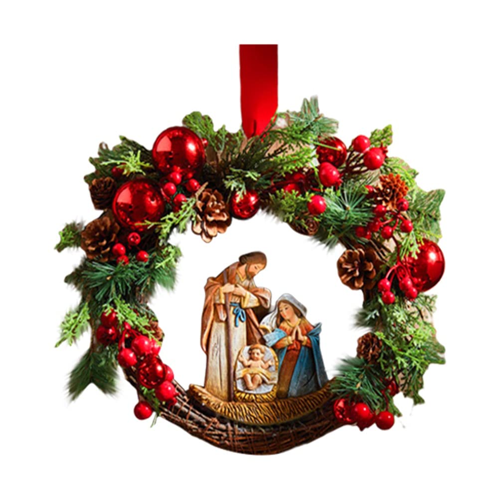 LED Lighted Nativity Scene Christmas Wreath - Holy Family Set with Candle & Lights for Front Door, Wall Hanging - Sacred Xmas Decor for Holiday Home, Church & Outdoor Christmas Decorations