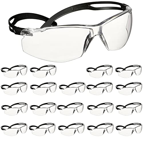 SecureFit 3M Safety Glasses 500 Series - 20 Pack ANSI Z87.1 Certified Impact Resistant Eyewear with Anti-Fog & Anti-Scratch Clear Lenses, Adjustable Ratchet Temples & Black Frame - Ideal for Construction, Woodworking, Lab Work & Outdoor Sports Protection
