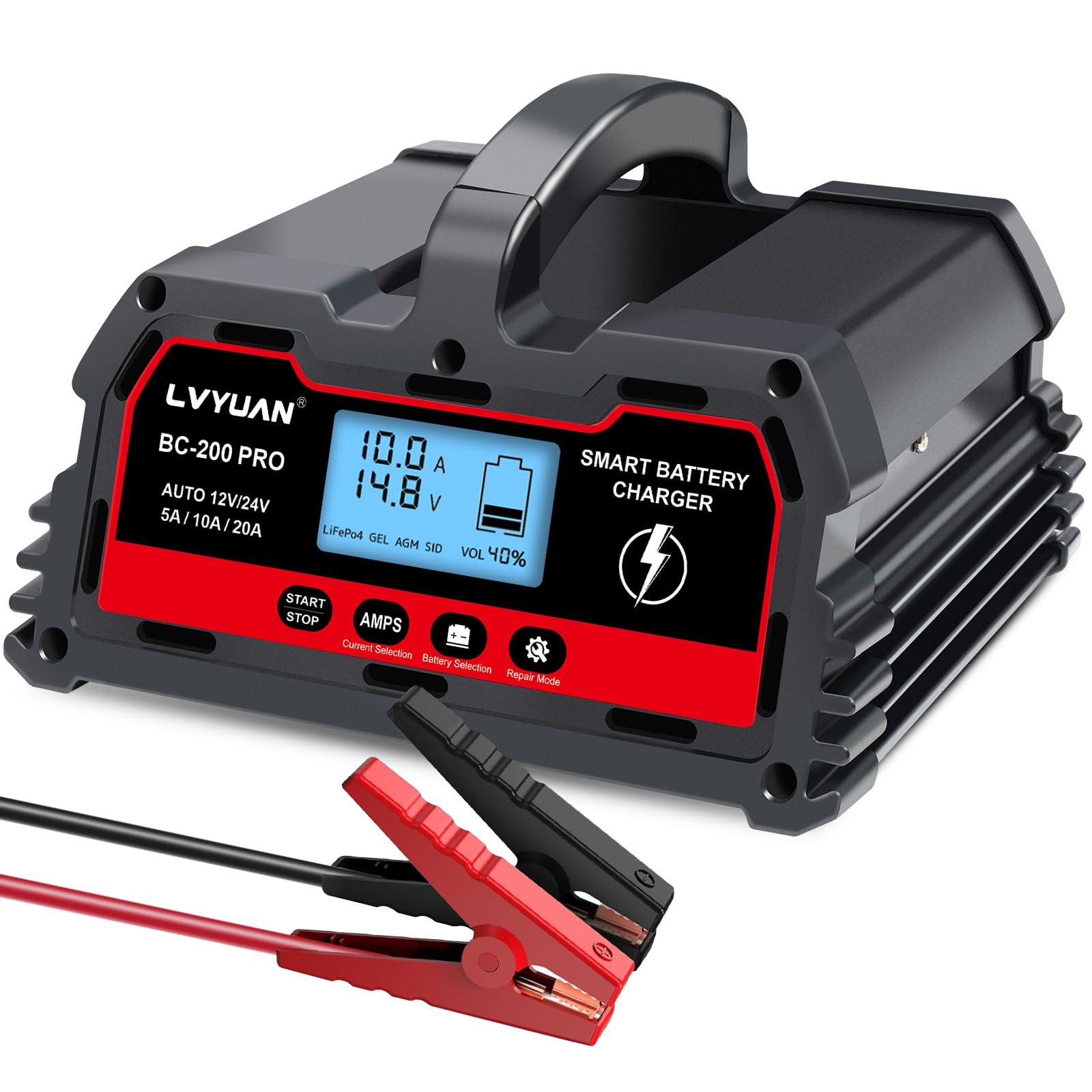 LVYUAN 12V/24V Smart Car Battery Charger & Maintainer - 10A/20A Automotive Charger for Cars, Trucks, Motorcycles - Works with LiFePO4 Lithium & Lead Acid Batteries - Perfect for Winter Storage, RV Maintenance & Emergency Vehicle Jump Starts