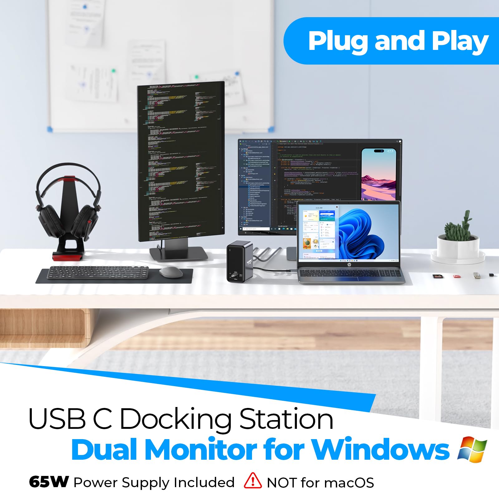 USB C Docking Station Dual Monitor with 2 HDMI Ports, VGA, 65W PD, 6 USB Ports, Ethernet, SD/TF Card Reader, Audio/Mic - Compatible with Windows & ChromeOS Laptops | Perfect for Home Office, Remote Work & Multi-Screen Productivity
