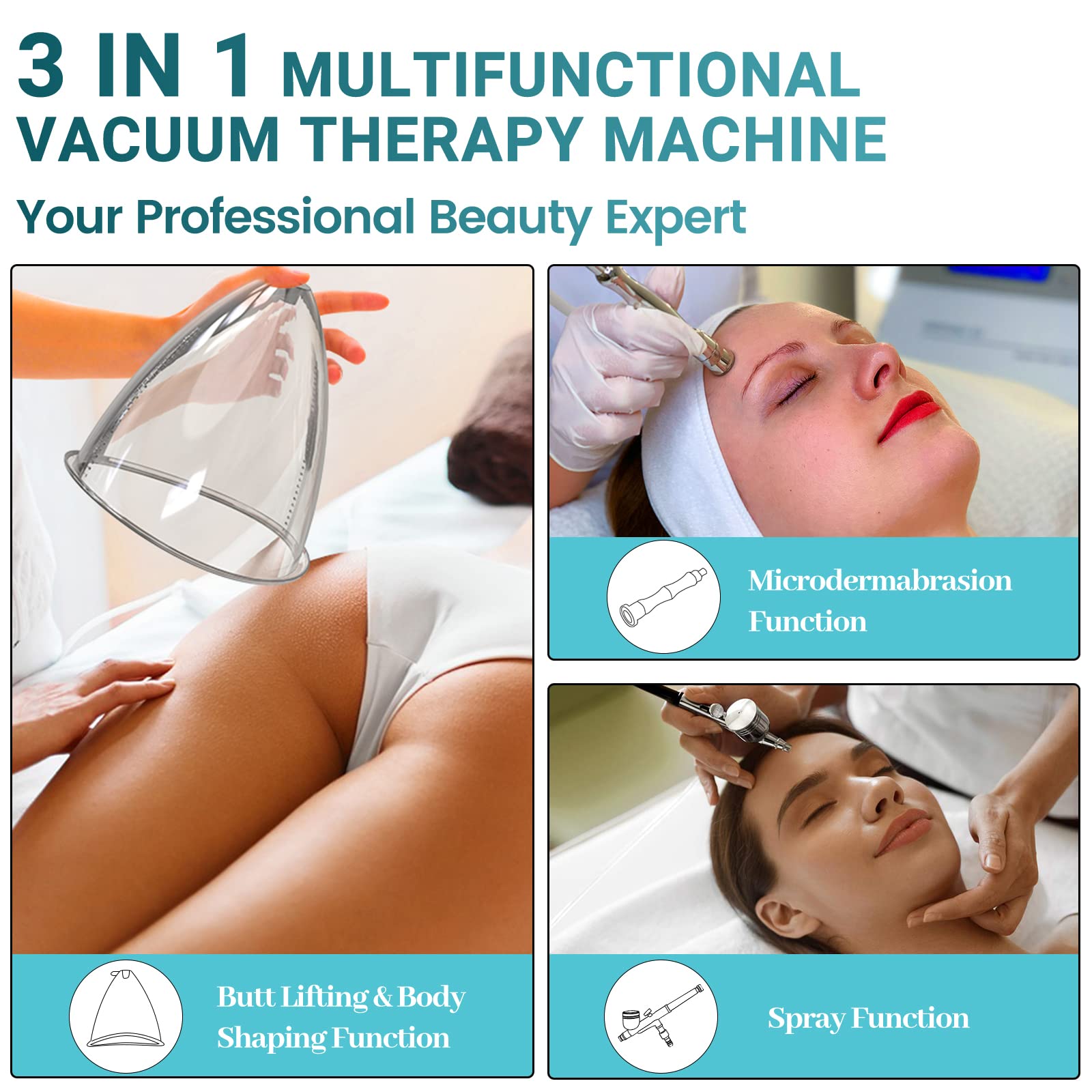 Professional 3-in-1 Vacuum Therapy Machine - 1800ml Large Cupping Cups, Diamond Microdermabrasion & Spray Gun - 80cmHg Max Suction for Body Sculpting, Cellulite Reduction & Skin Rejuvenation - Perfect for Home Spa, Beauty Salons & Professional Therapists