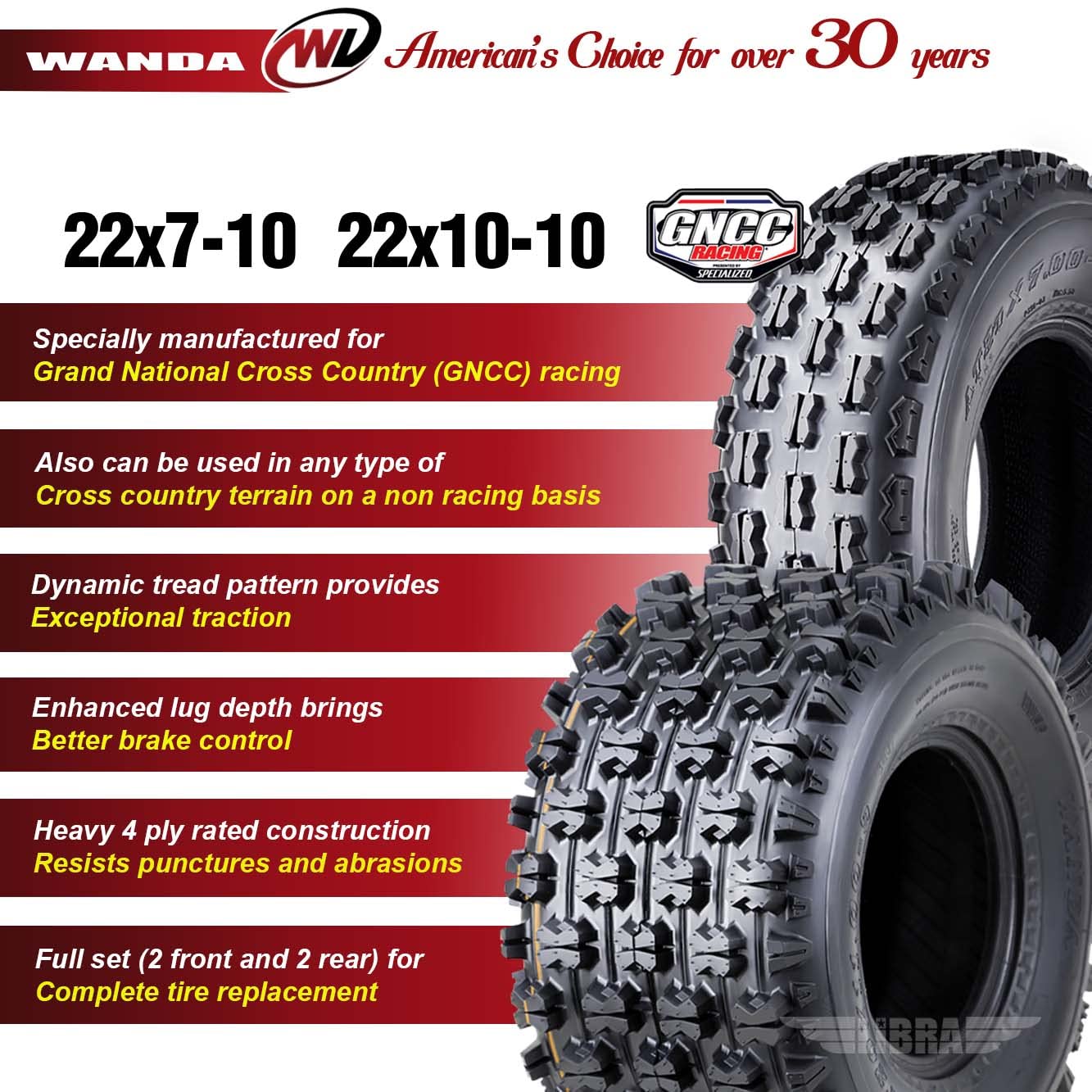 WANDA Set of 4 ATV Tires 22x7-10 & 22x10-10 - Compatible with Arctic Cat 150 & 250 - Durable GNCC Racing Tires for Off-Road & Trail Riding - Perfect for Mud, Sand & Rough Terrain Adventures
