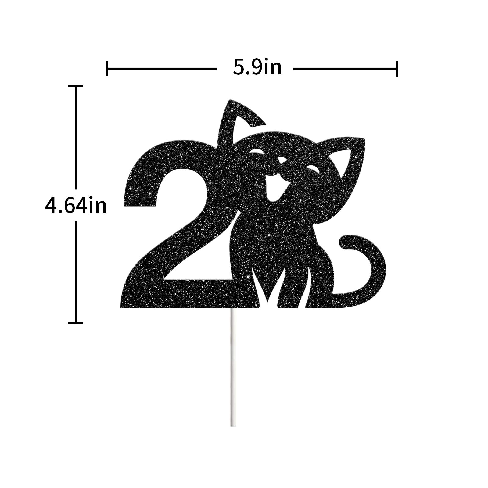 Happy 2nd Birthday Cat Cake Topper - Black Glitter 'I'm Two' Sign for Kitty Themed Parties | Pet Celebration Decor for Cakes, Cupcakes & Desserts