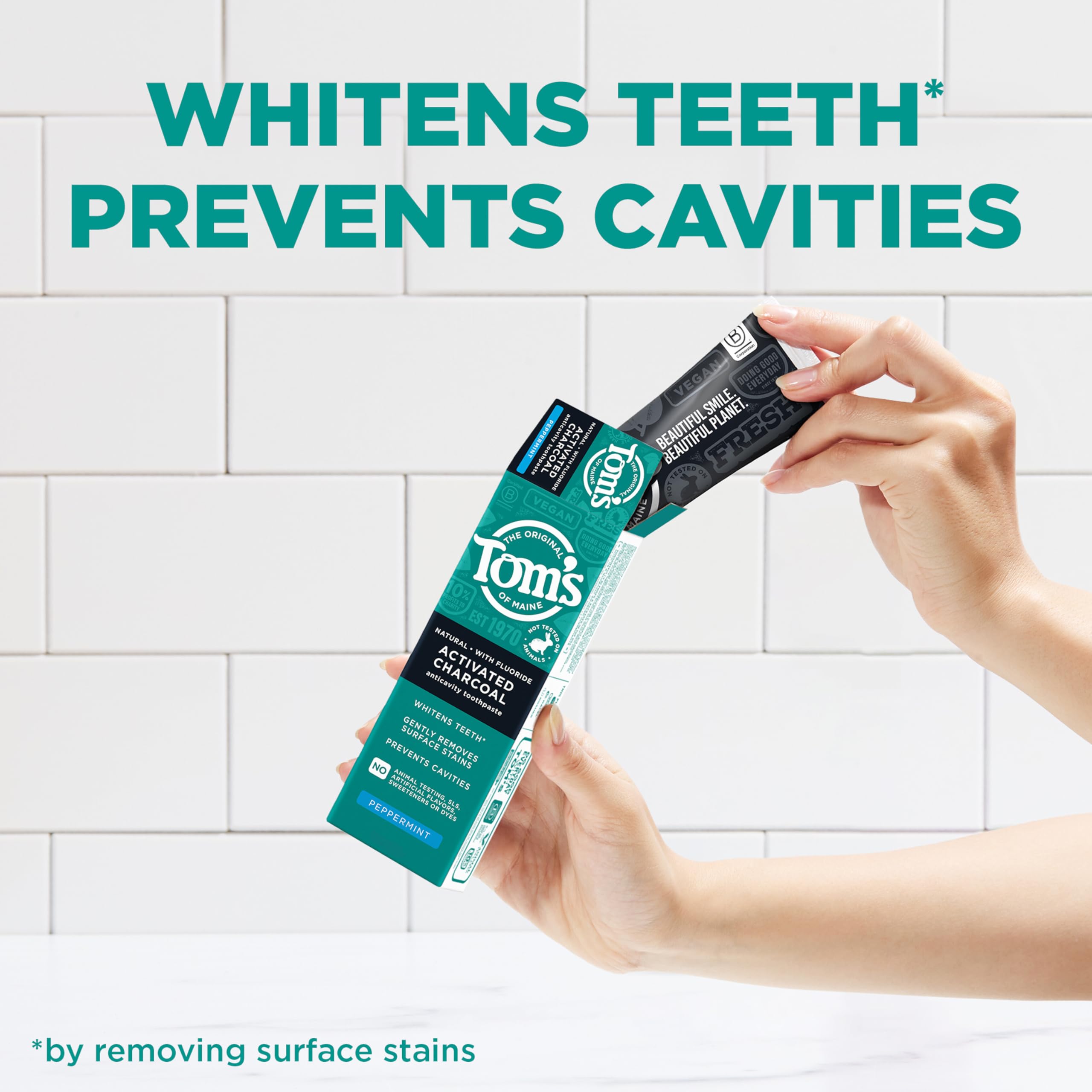 Tom's of Maine Activated Charcoal Whitening Toothpaste with Fluoride, Natural Peppermint Flavor, 4.7 oz (3-Pack) - Deep Stain Removal & Fresh Breath for Daily Oral Care (Packaging May Vary)