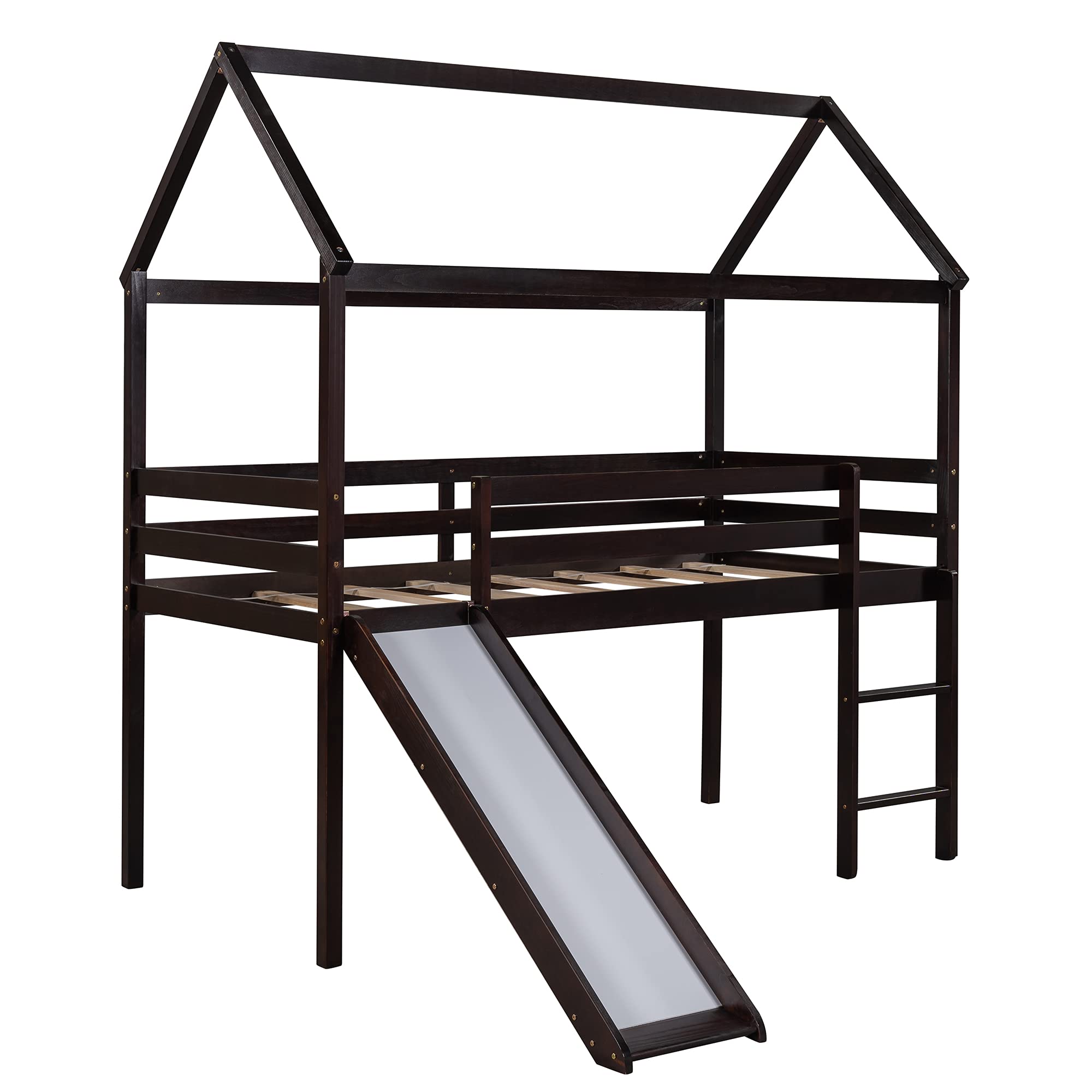 Twin Size Wooden Loft Bed with Slide, Roof & Ladder - Solid Wood House Bed Frame for Kids & Teens - No Box Spring Needed (Espresso) - Perfect for Small Bedrooms, Playrooms & Kids' Sleepovers