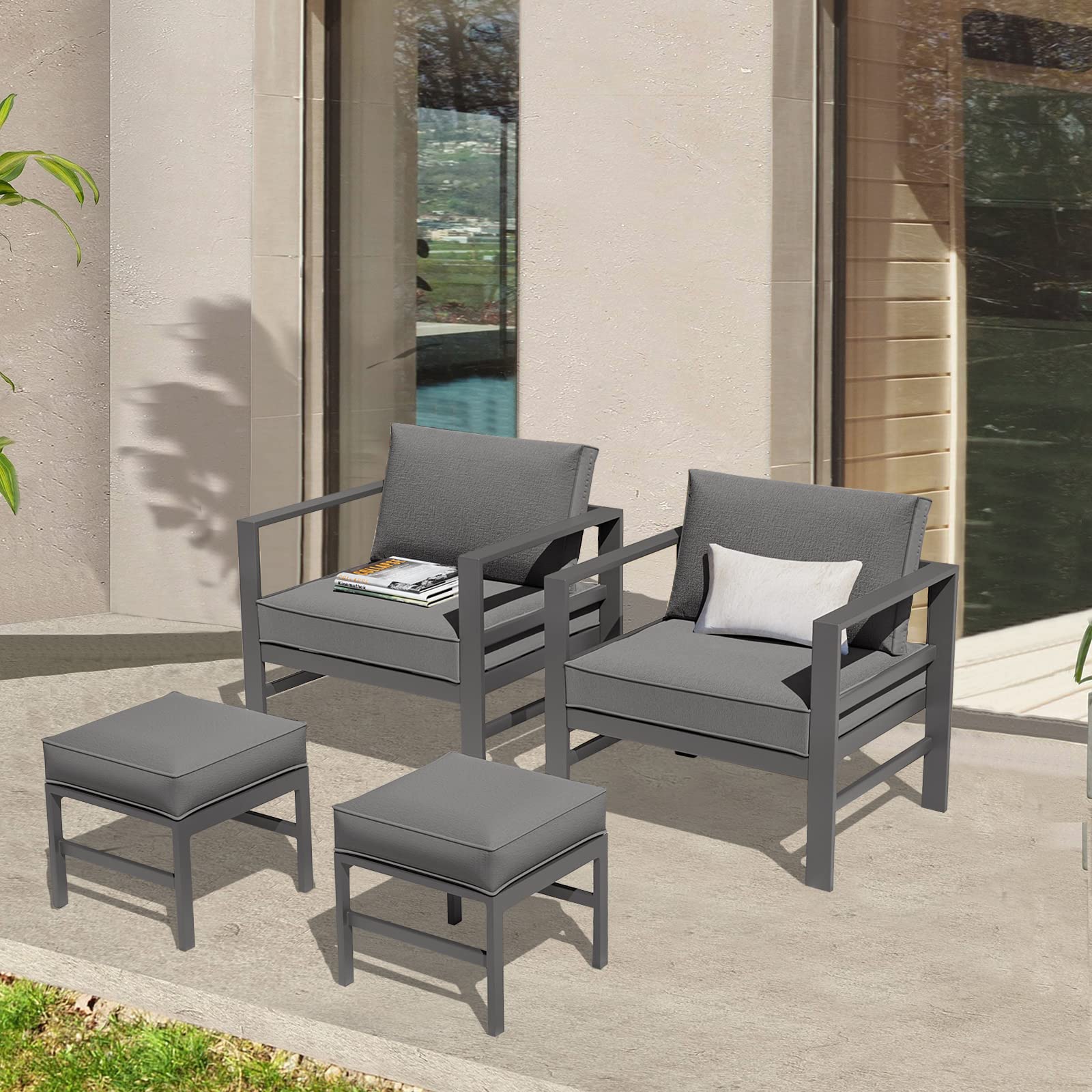 Modern 4-Piece Aluminum Patio Furniture Set with Cushions - Outdoor Chairs & Ottomans for Garden, Deck, Poolside - Gray Weather-Resistant Conversation Set