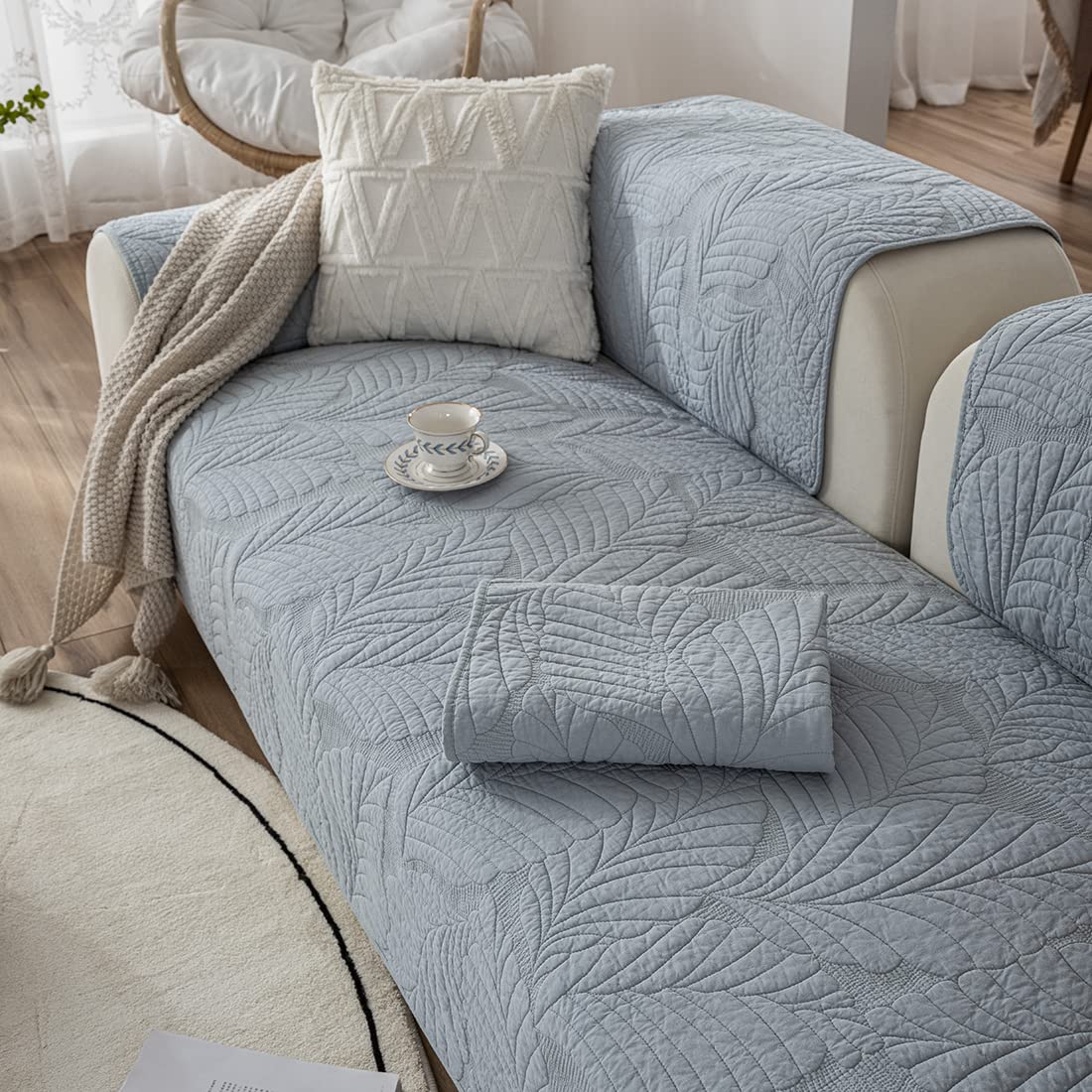 VCTOPS 100% Cotton Solid Blue Embroidery Sofa Slipcover - Non-Slip Washable Couch Cover Protector (28