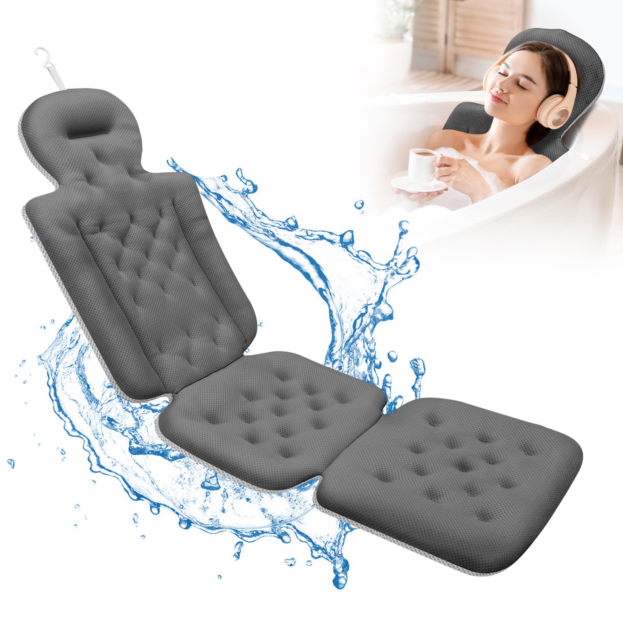 Luxury Full Body Bath Pillow with 192 Suction Cups - Head and Neck Support for Bathtub - Includes Laundry Bag (Deepsea Gray, 51