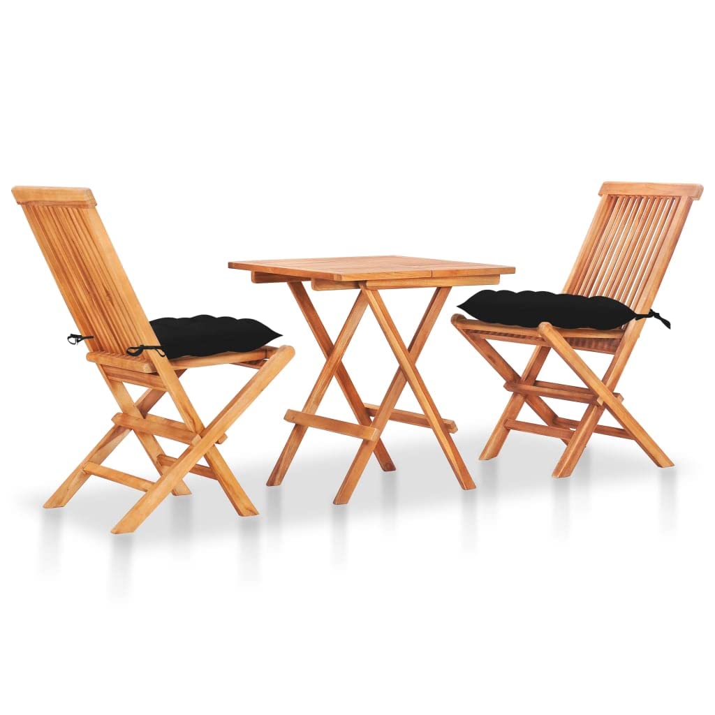 vidaXL 3-Piece Patio Bistro Set with Cushions - Folding Teak Wood Table & Chairs for Garden, Outdoor Conversation, Farmhouse Decor - Perfect for Backyard Relaxation & Entertaining