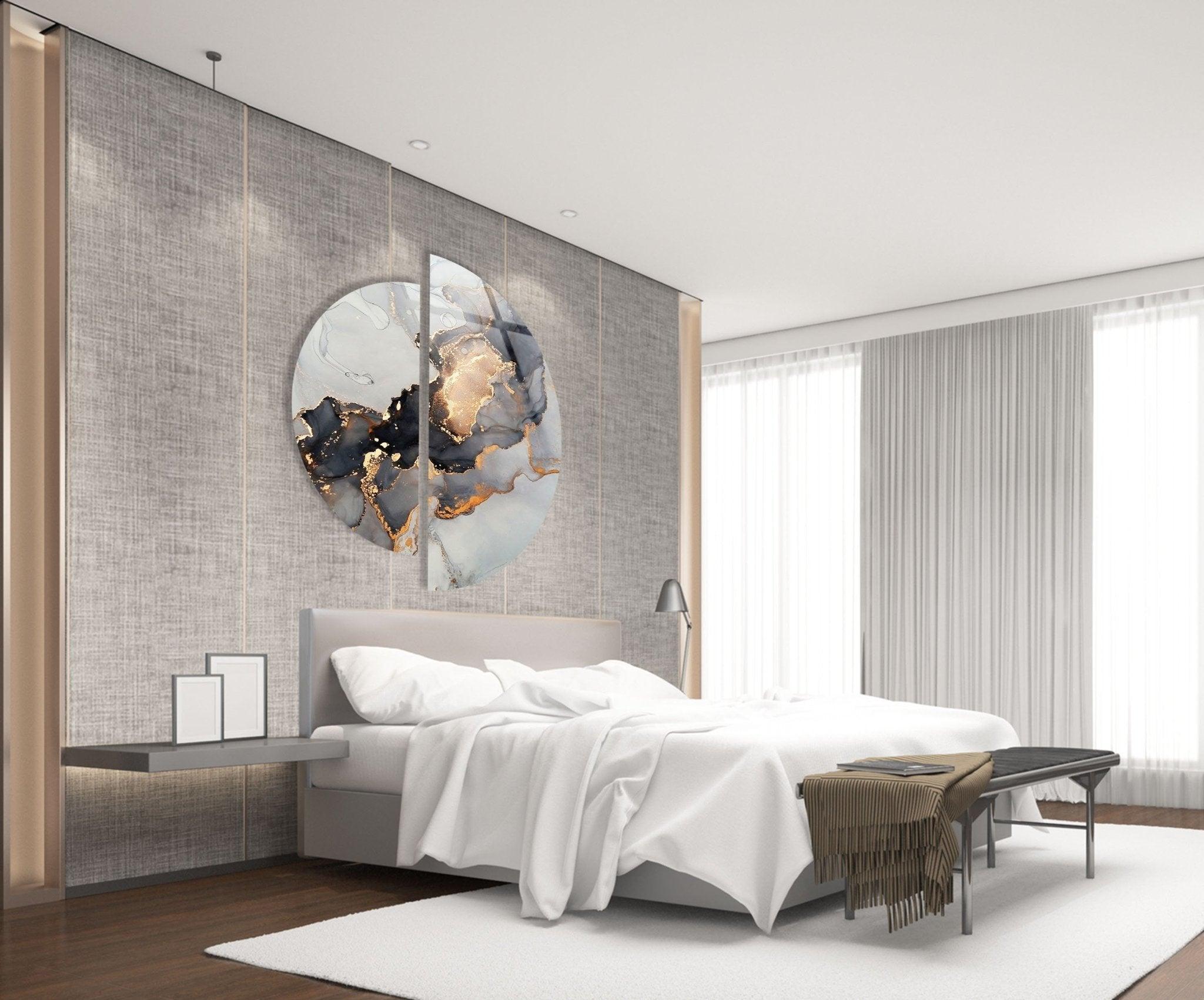 2 Piece Grey Golden Marble Glass Wall Art Set - Modern Abstract Home Decor for Living Room, Bedroom, Office - Shatterproof Tempered Glass Hanging Decor