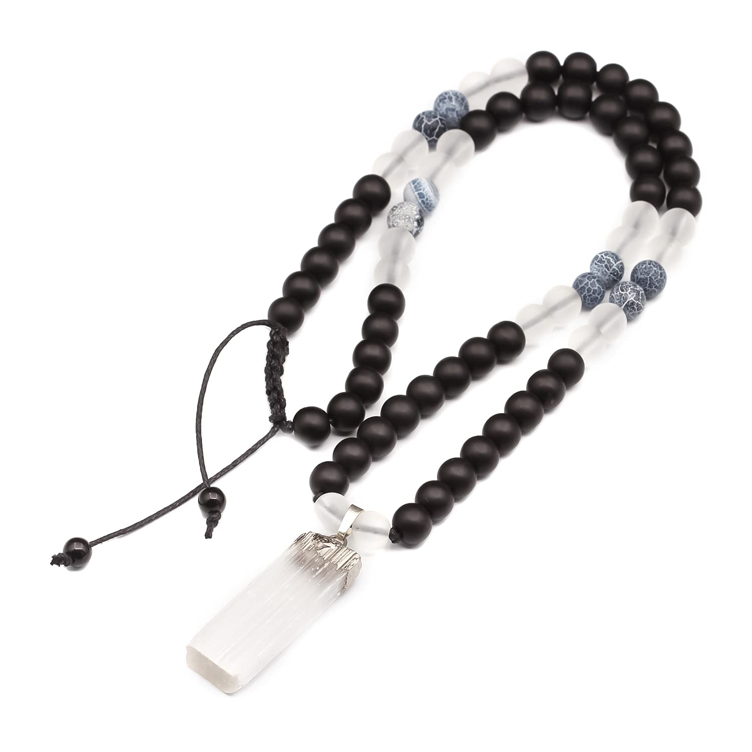Natural Raw Selenite Pendant Necklace with Black Onyx Beads - Adjustable Macrame Beaded Quartz Necklace for Women - Spiritual Healing Jewelry for Meditation, Yoga & Energy Cleansing
