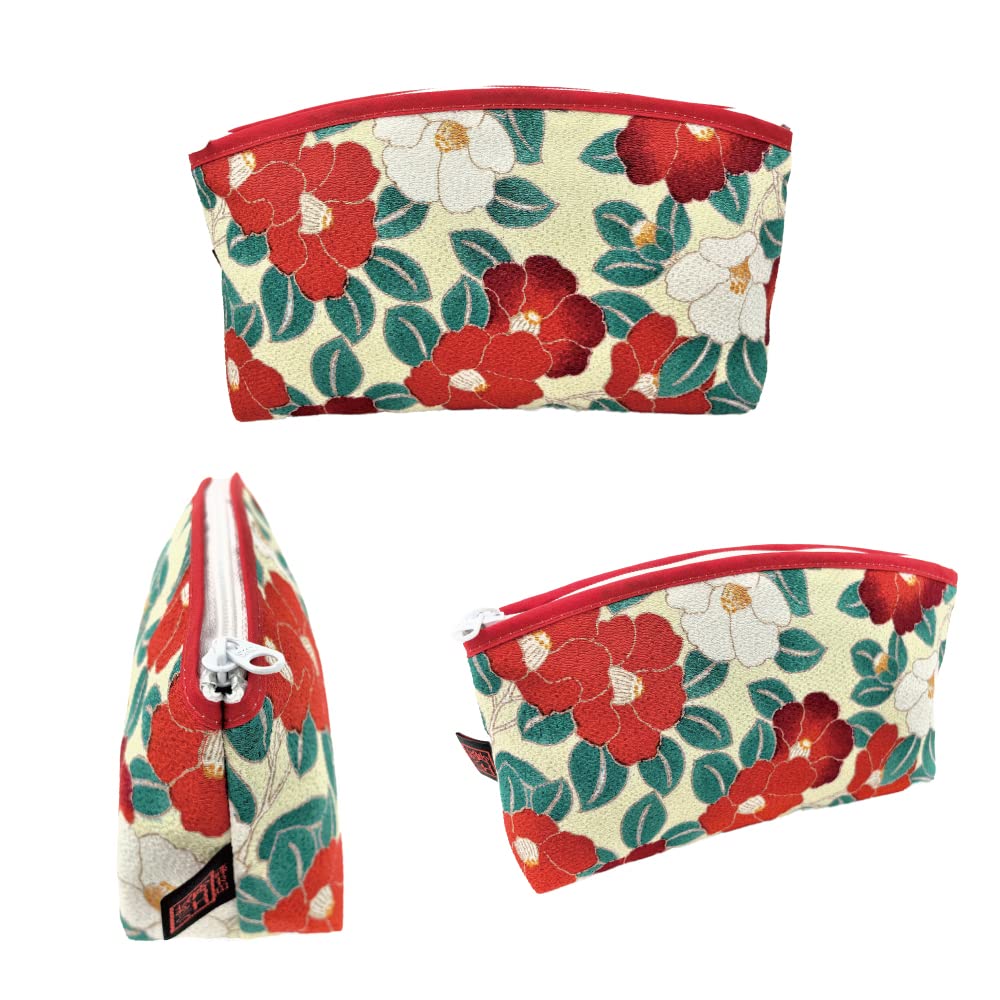 Edo Komon Design Small Makeup Bag for Purse - Japanese Traditional Cosmetic Pouch with Camellia Flower Pattern (Ivory) | Perfect for Travel, Daily Use & Gift Giving