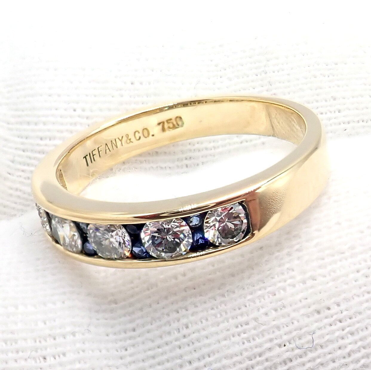 Authentic Tiffany & Co 18k Yellow Gold 1.20ctw Diamond & Sapphire Band Ring - Size 5 | Luxury Wedding, Engagement & Anniversary Jewelry Gift