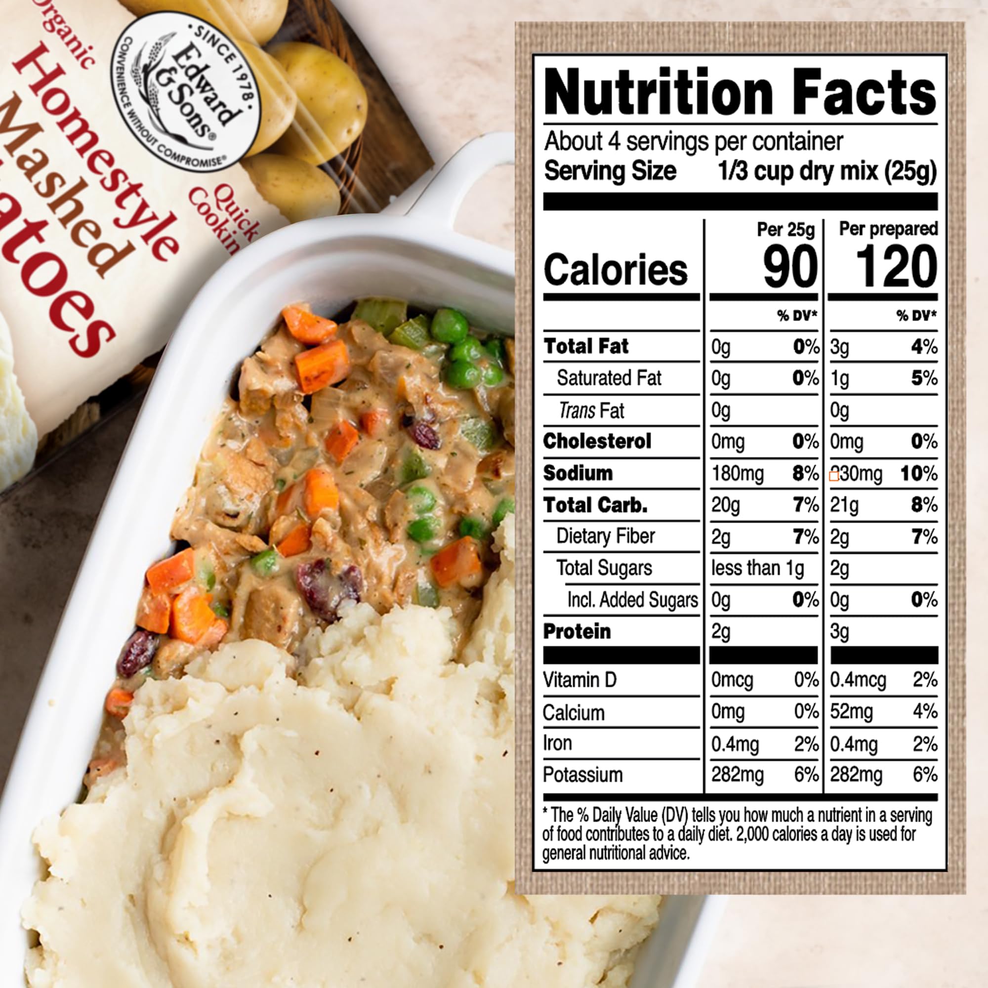 Organic Instant Mashed Potatoes by Edward & Sons - Vegan, Gluten-Free, Non-GMO, 3.5 Oz (Pack of 6) - Quick & Easy Side Dish for Thanksgiving, Camping, or Busy Weeknights