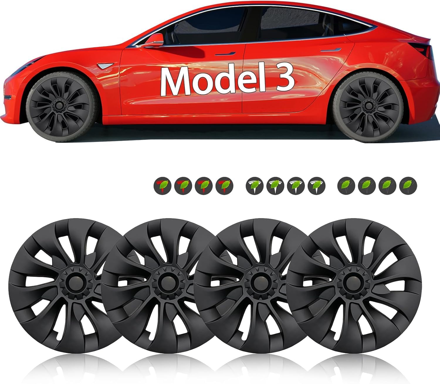 Tesla Model 3 18 Inch Wheel Covers (4-Piece Set) - ABS Hubcaps Compatible with 2017-2023 Model 3 | OEM Style Rim Replacement in Whirlwind Matte Black - Perfect for Car Upgrades & Winter Protection